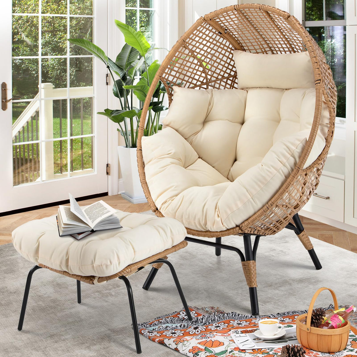 RADIATA Egg Chair with Footrest Outdoor Wicker Patio Egg Chairs with Ottoman for Indoor Bedroom Outside Porch Deck Backyard Garden (Beige) RADIATA