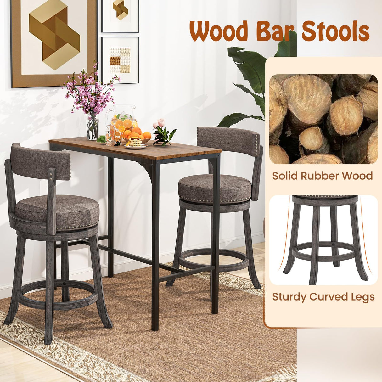COSTWAY Bar Stools Set of 4, Upholstered Farmhouse Bar stools with Cushioned Seat & Backrest, Solid Wood Legs, Footrest, 26” Counter Height Swivel Stools for Kitchen Island, Pub (4, 26'' Seat Height) COSTWAY