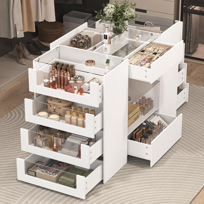 LIVAUVEAD Closet Island with Drawers, Wardrobe Armoire Bedroom Island, Glass Display Shelf & 12 Drawers, White Dresser with Glass Top, Walk-in Closet Island for Bedroom, Cloakroom