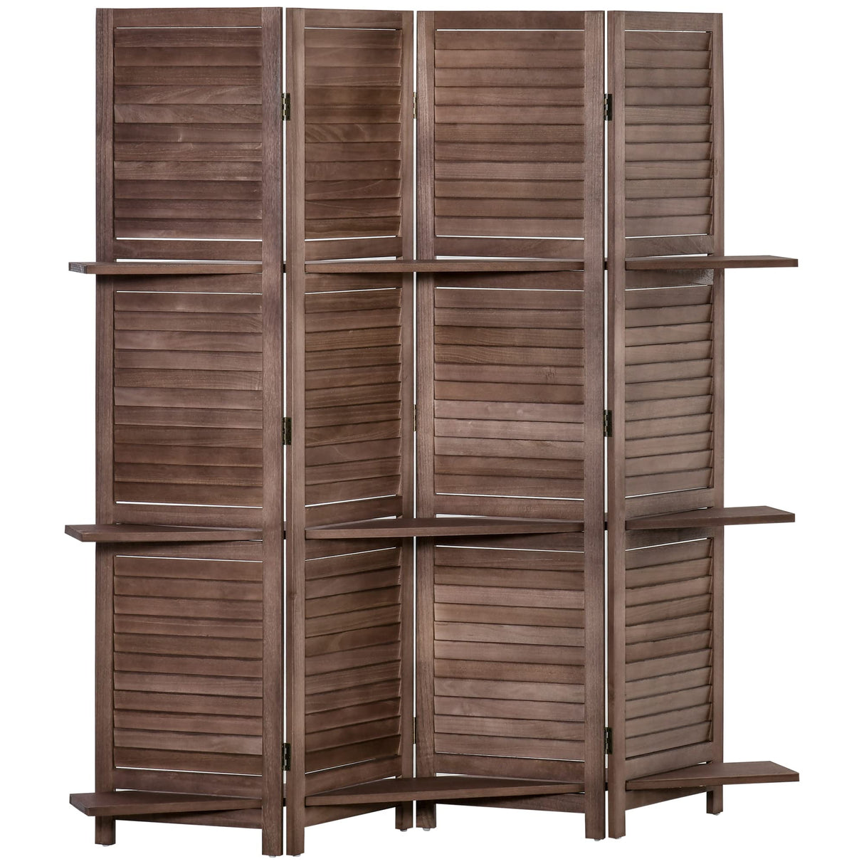 HOMCOM Room Divider, 4 Panel 67" Tall Wood Privacy Screen with 3 Display Shelves, and Folding Storage for Bedroom or Home Office, Walnut HOMCOM