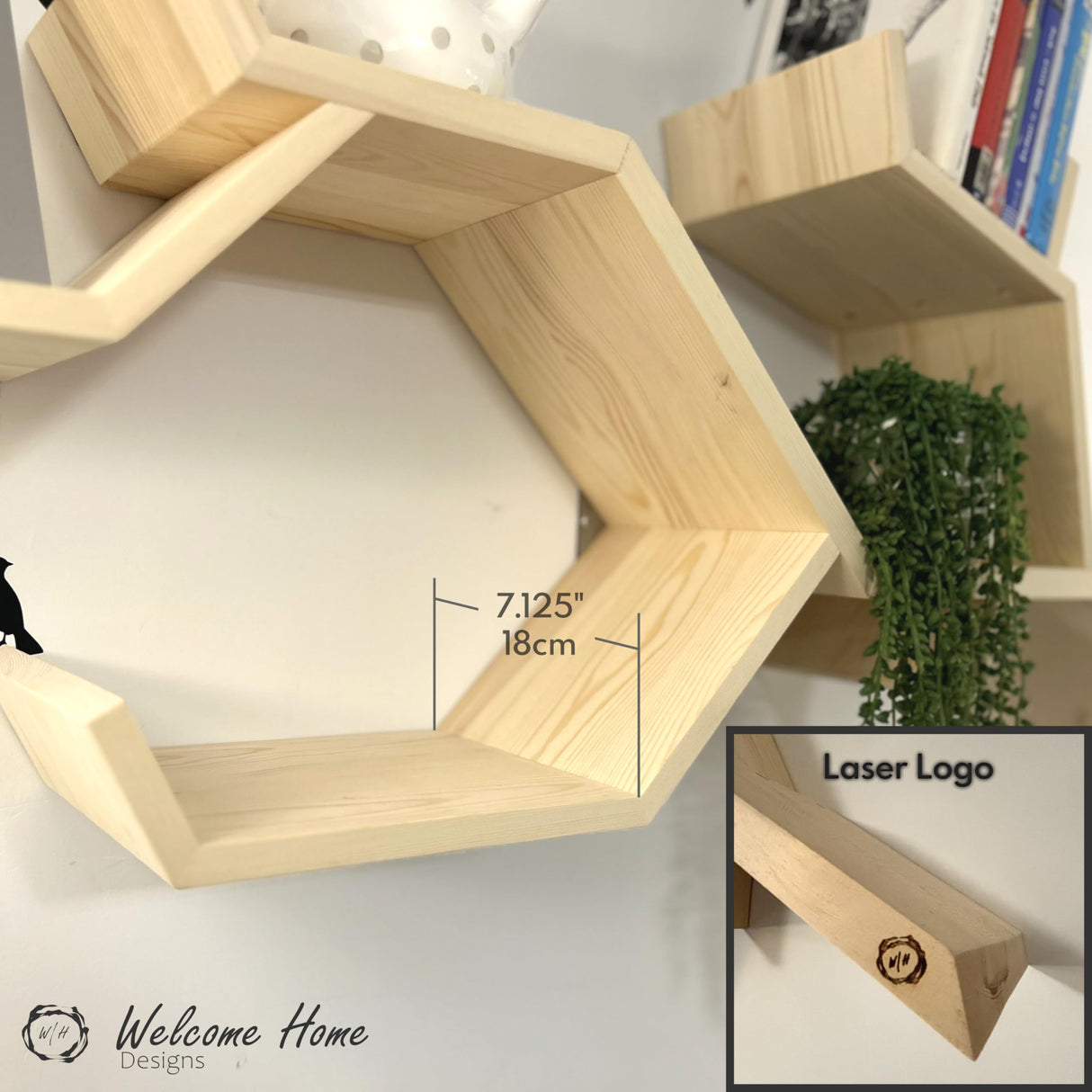 W/H Tree Branch Shelf - 18 x 48 x 7 Inch Solid Pine Wooden Tree Bookshelf, Farmhouse & Nursery Shelf W/H