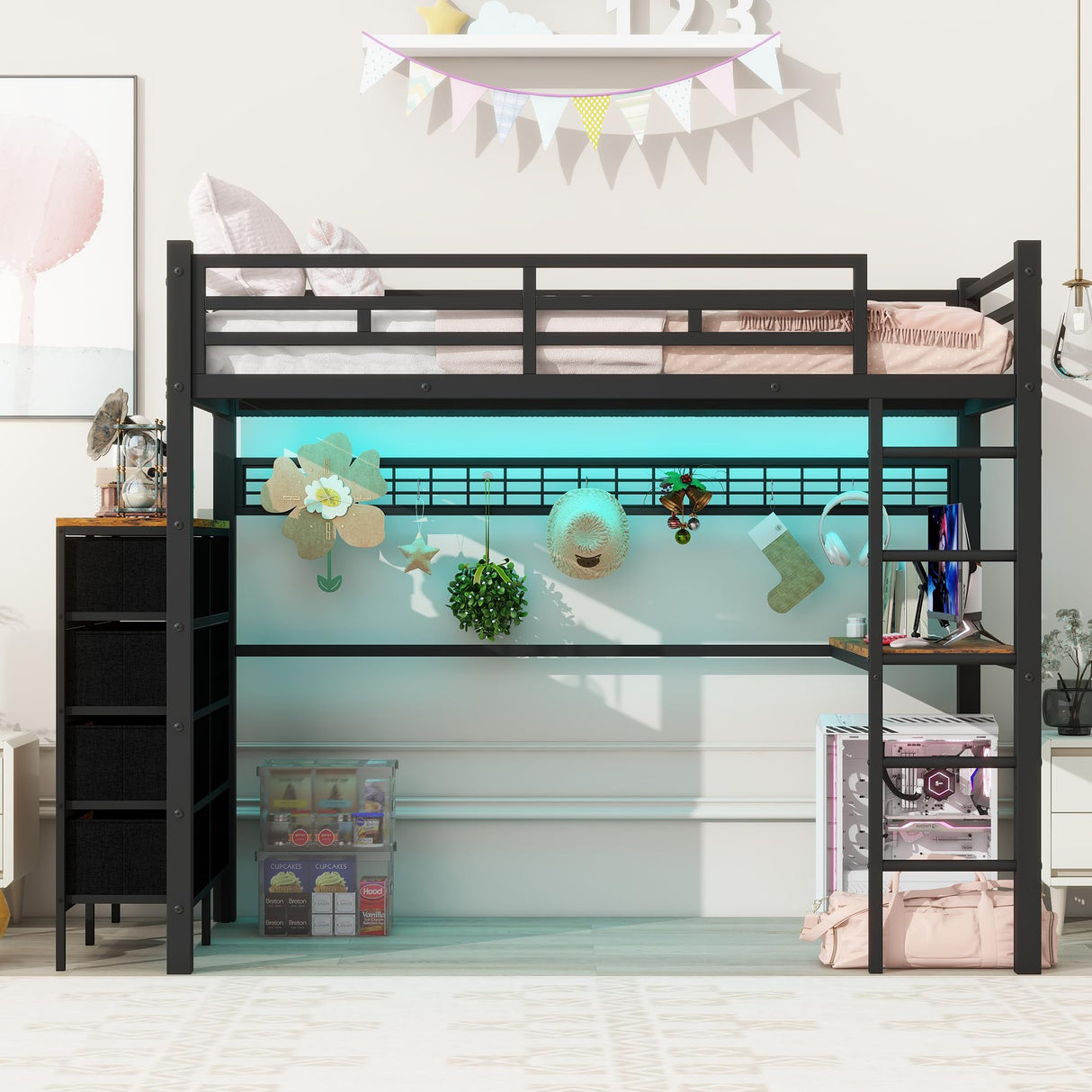 FULLJOJOR Loft Bed Twin Size with Desk, 8 Storage Drawers, Power Outlet, LED Metal Loft Bed with Storage Shelve, Bed with Safety Guardrail & Ladders,Space-Saving,Black FULLJOJOR