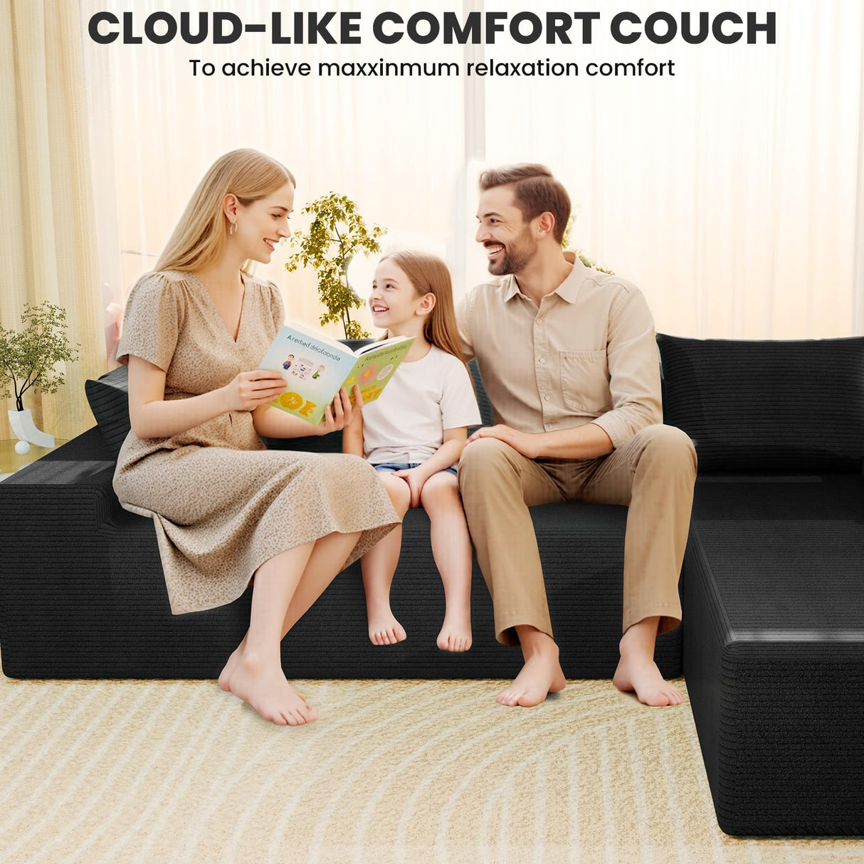 LEVELEVE 106" Cloud Sectional Couch with Deep Seat,Modern Modular Sofa with L-Shape Chaise,No Assembly Required, Upholstered Couches for Living Room Bedroom(Black,Right Facing Chaise) LEVELEVE