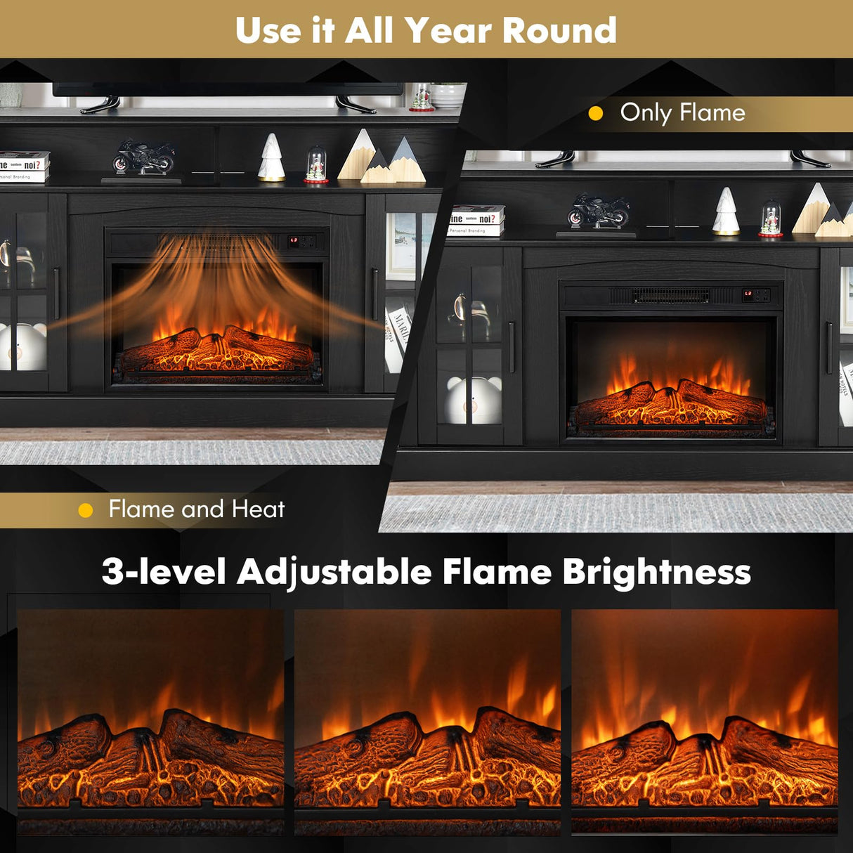 COSTWAY Electric Fireplace TV Stand for TVs Up to 65 Inches, 1400W Heater Insert with Remote Control, 6H Timer, 3-Level Flame, Overheat Protection and CSA Certification, Adjustable Shelves, Black COSTWAY