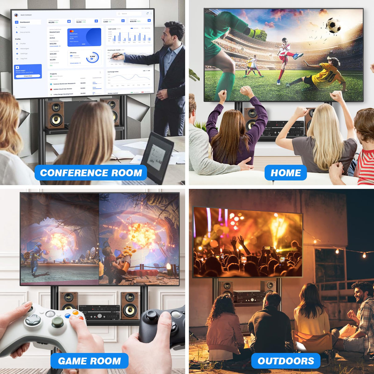 Rfiver Heavy Duty Mobile TV Stand for 50-92 Inch Large TVs up to 200lbs, Height Adjustable Rolling TV Stand with Silent Wheel, Upgraded Floor TV Stand with AV Shelf for Living Room, Office, Trade Show Rfiver