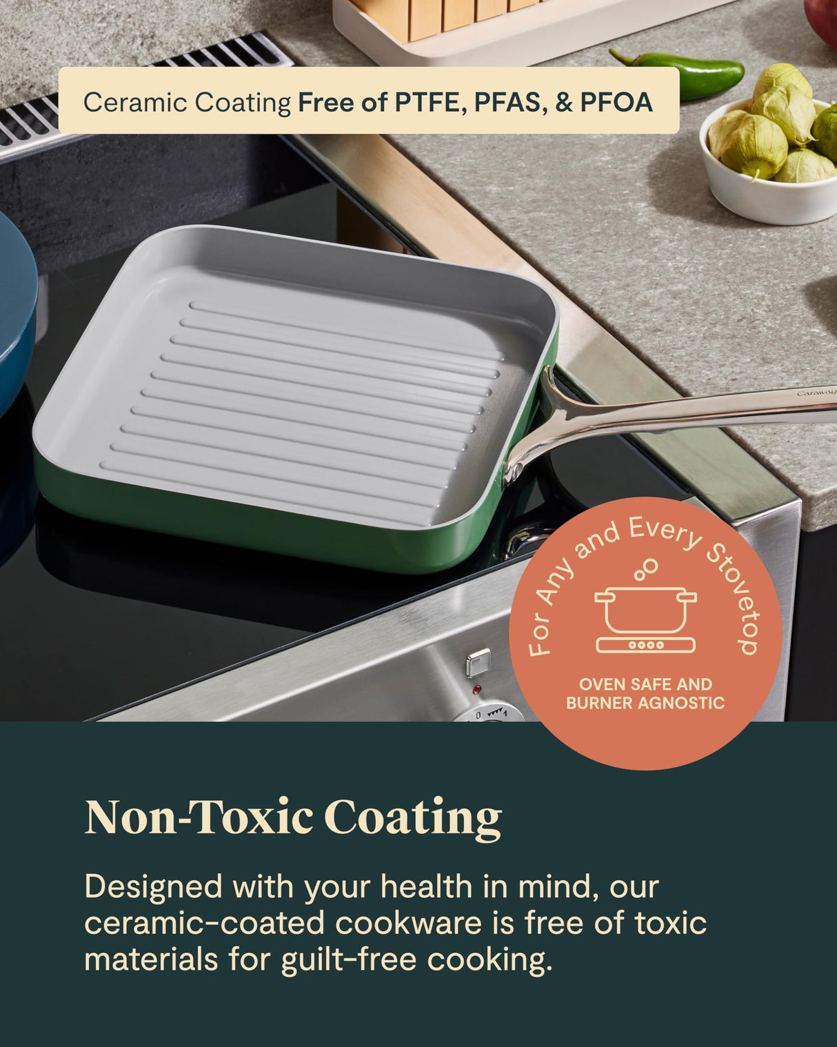 Caraway Square Grill Pan - 11” Grill Pan - Non-Stick Ceramic Coated - Non Toxic, PTFE & PFOA Free - Oven Safe & Compatible with All Stovetops - Navy Caraway