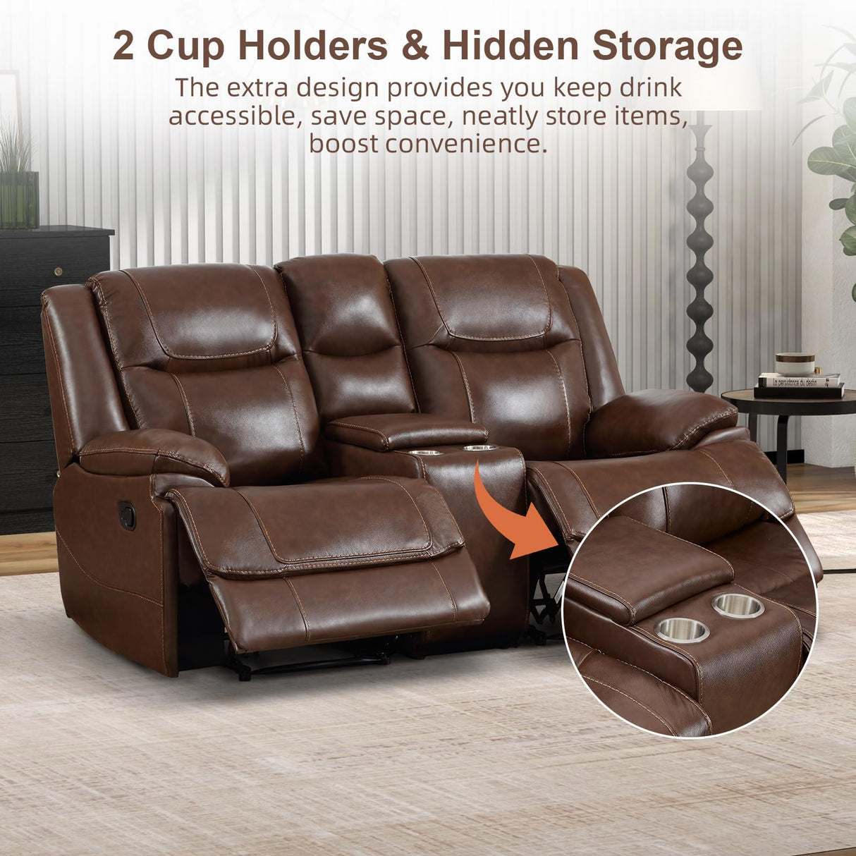 EBELLO Genuine Leather Manual Recliner Sofa Set, 1 Seat Reclining Chair, a Loveseat, a 3 Seater Sofa with Storage Cup Holders, Modern Durable Home Furniture Set for Living Room, Vintage Brown EBELLO