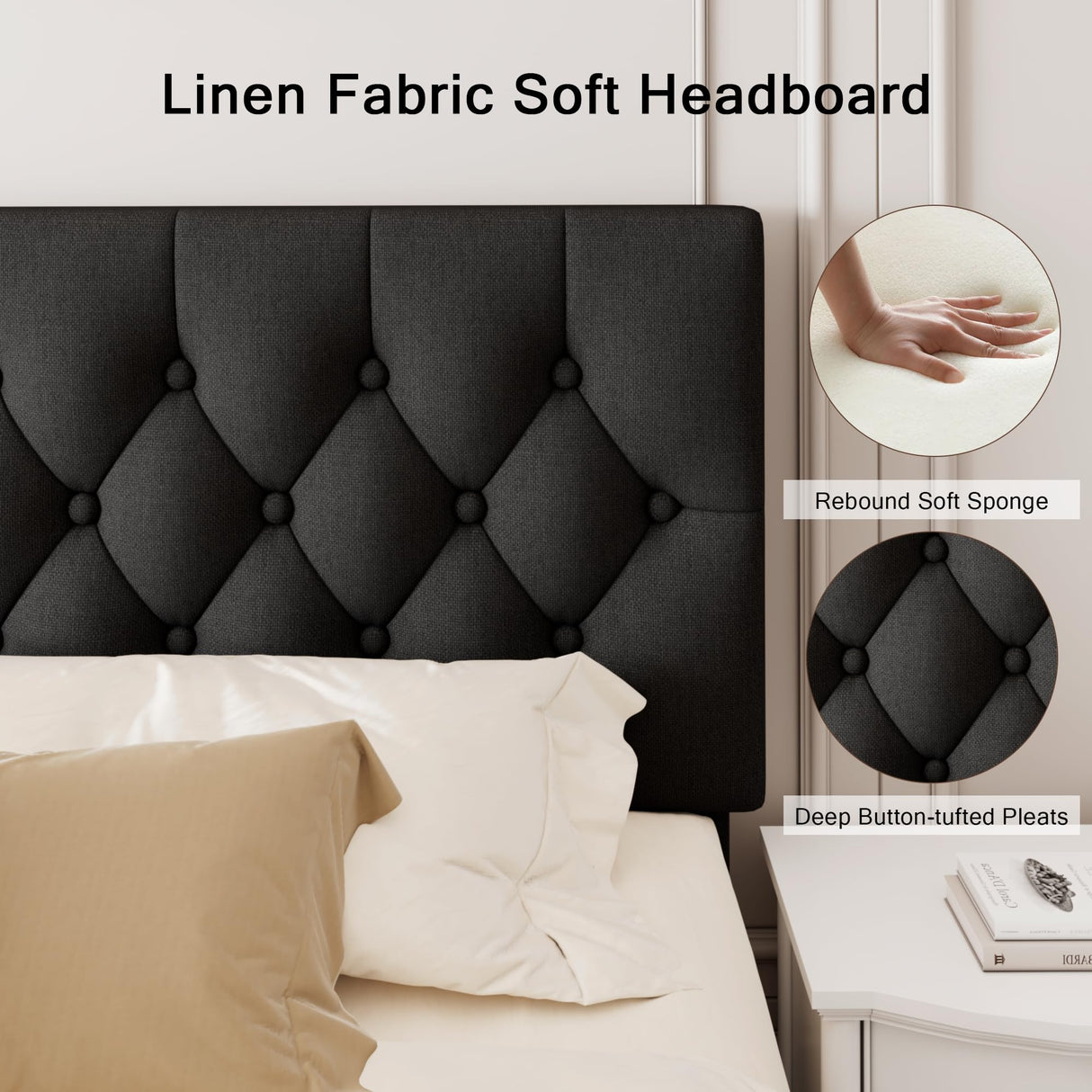 Einhomn King Upholstered Bed Frame with Headboard, Button Tufted Linen Bed Base, Platform Bed with Heavy Duty Wood Slat Support, Noise Free, No Box Spring Needed, Easy Assembly, Black Einhomn