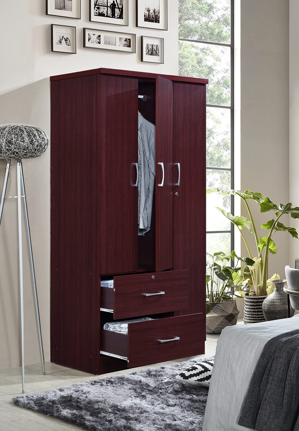 Hodedah 3-Door 2-Drawers, 3-Shelves in Mahogany Bedroom Armoires Hodedah
