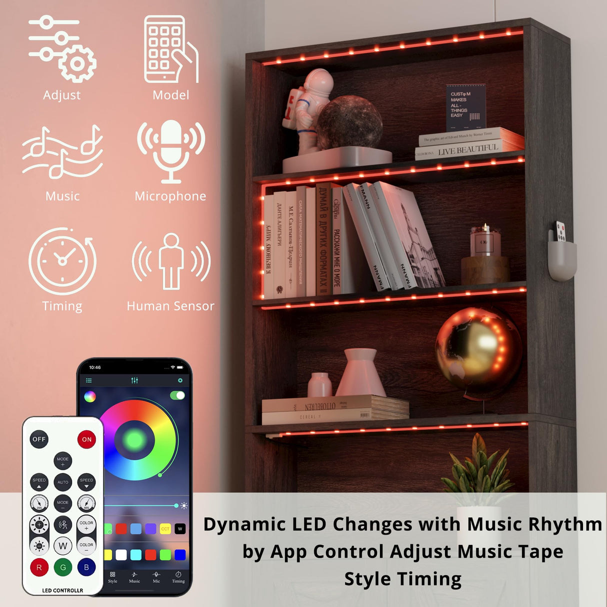 IRONCK Tall Bookcase with LED Lights, 70 in Industrial Bookshelf Display Shelf Floor Standing for Home Office, Living Room, Bed Room IRONCK