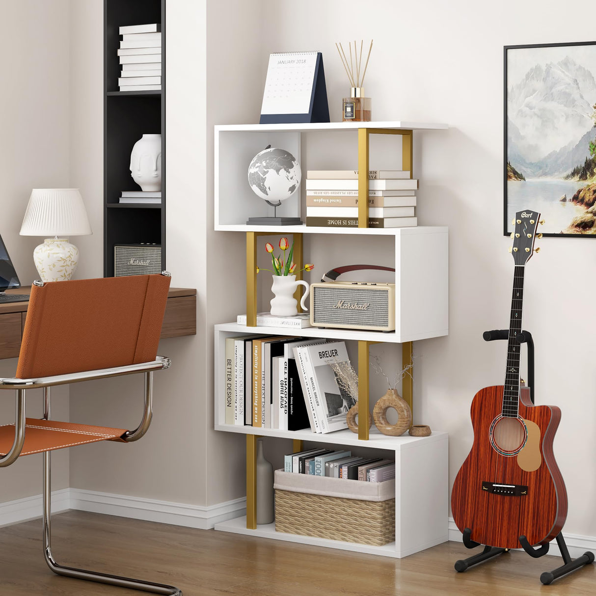 Yusong Geometric Bookcase, S Shaped Bookshelf 4-Tier Book Shelves for Bedroom, Modern Wood Decorative Display Shelf Tall Book Case for Home Office, Gold and White Yusong