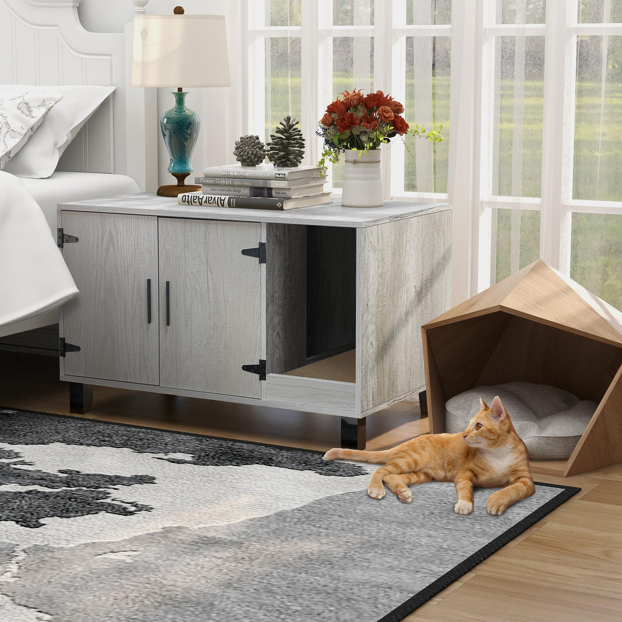 TaoHFE Litter Box Enclosure Cat Litter Box Furniture Hidden With Cat Scratch Pad Decorative Farmhouse Wooden Hidden Litter Box Cat House Litterbox Furniture Cat Box Furniture Litter Box Cabinet (Pine) TaoHFE