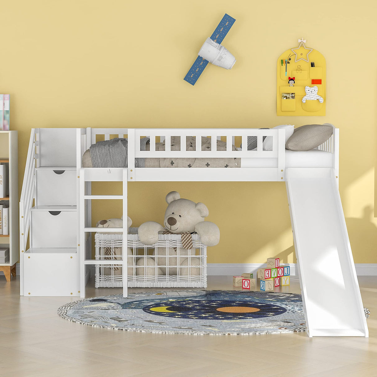 Twin Loft Bed with Slide and Stairs, Wooden Low Loft Bed Frame with Storage for Kids Girls Boys - White Bellemave