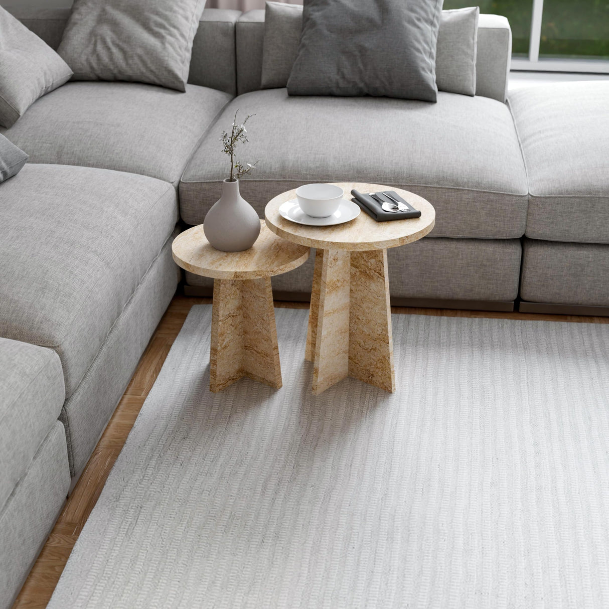 Travertine Efect Round Nesting Coffee Table Set of 2 Modern Coffee Table Small Side Table End Table for Living Room noadre