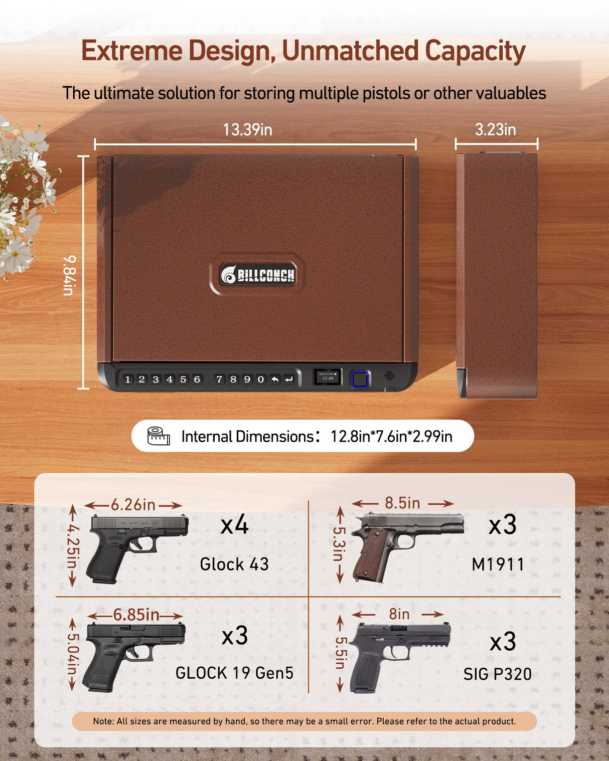 BILLCONCH Smart Gun Safe with Security Cable - Biometric Gun Safe for Handgun 4 Ways Quick Access with Fingerprint/Keypad/Key/APP Lock for Bedside Home Car with LCD/Voice Guide - Brown BILLCONCH