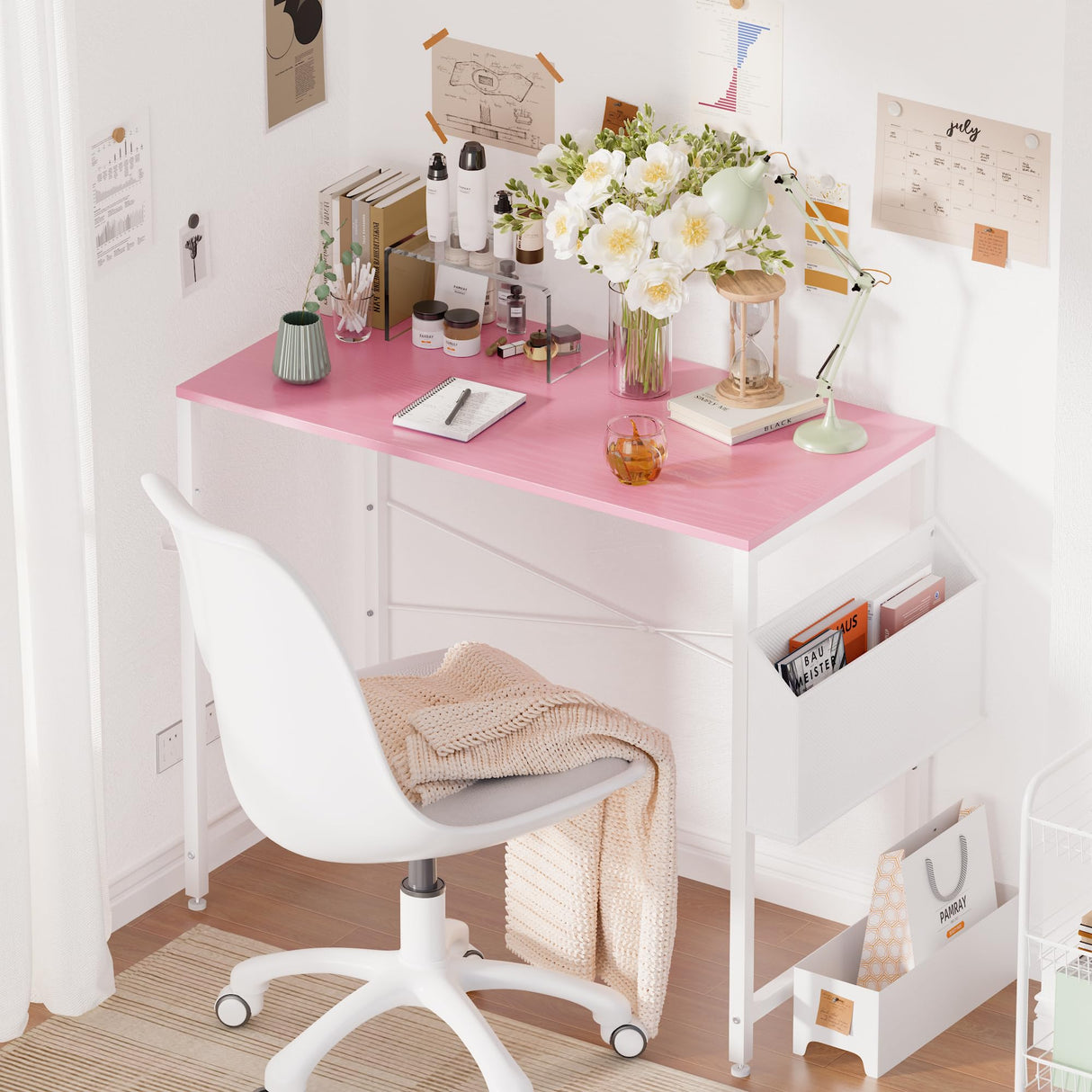 Pamray 32 Inch Computer Desk for Small Spaces with Storage Bag, Home Office Work Desk with Headphone Hook, Small Office Desk Study Writing Table Pamray