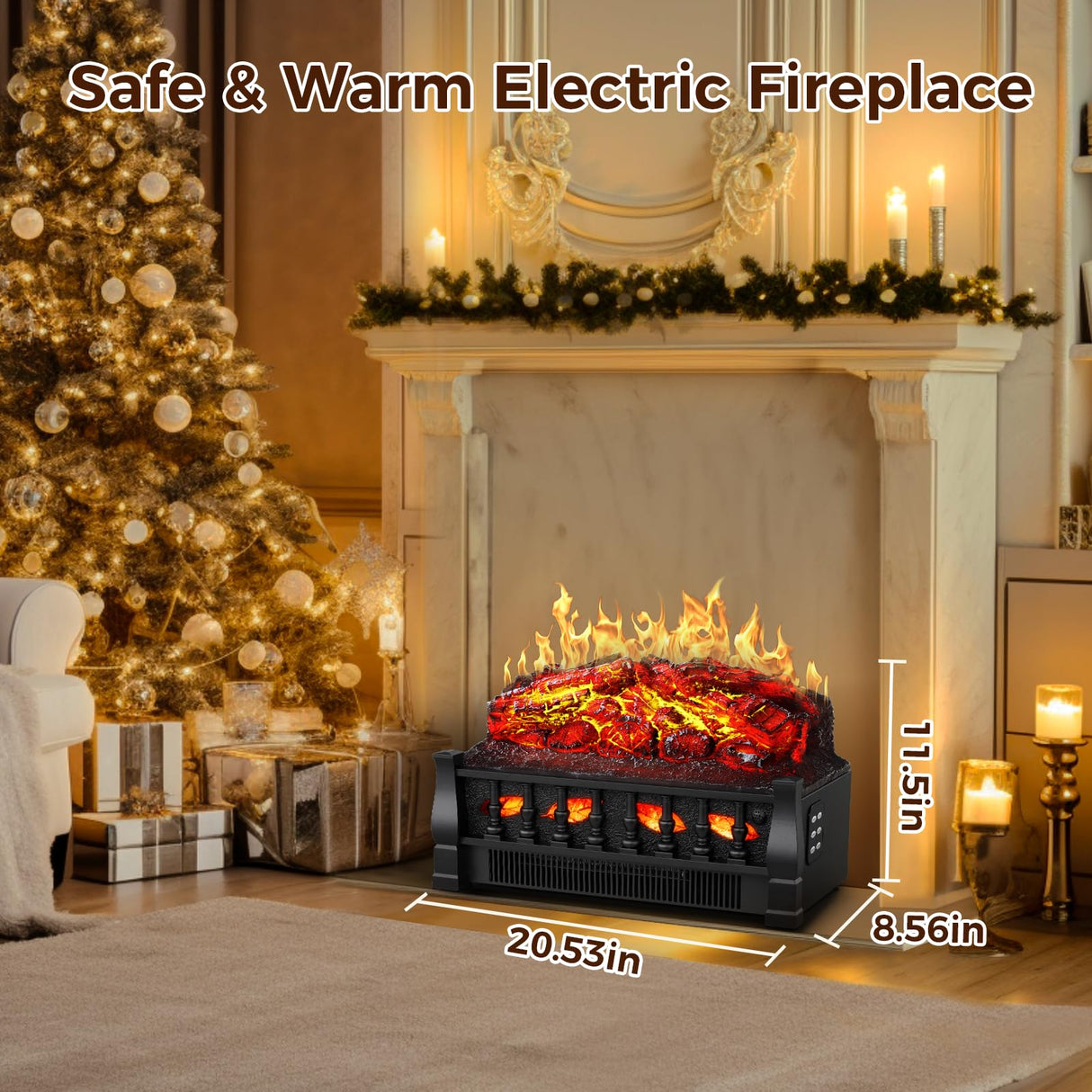 Joy Pebble Electric Fireplace Insert Log Heater 21",750W/1500W Adjustable 5 Flame Brightness,5 Speed Mode,Fireplace Insert with Realistic Ember Bed and Traditional Brown Log,Remote Control Joy Pebble