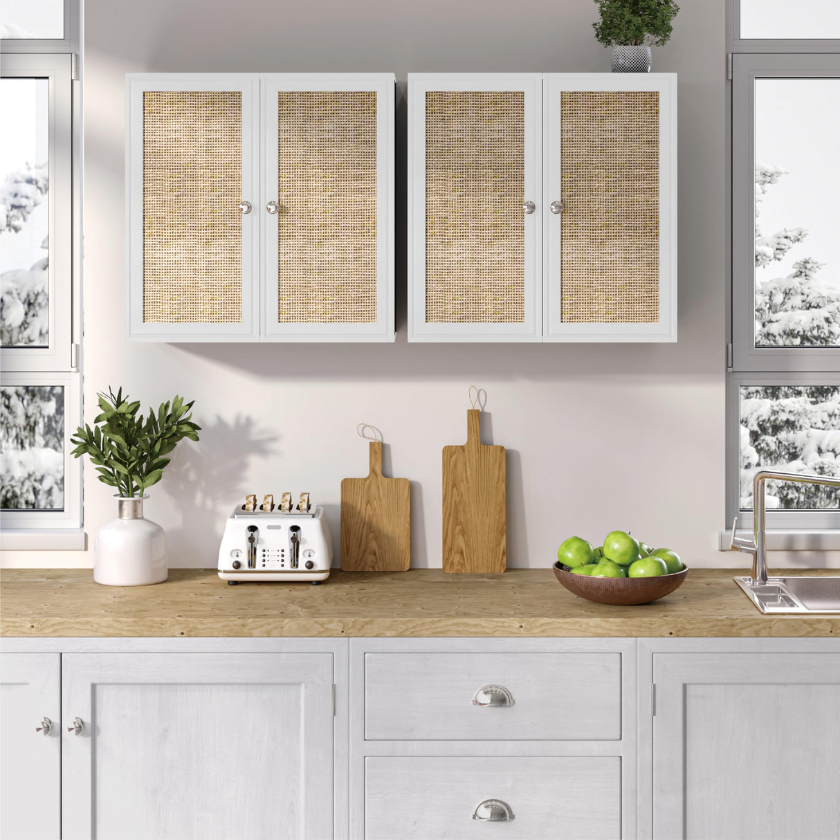 Furnaza Rattan Wall Cabinets Set - Kitchen Wall Mounted Storage Cabinets with 2 Paper Rattan Doors and Shlelf Adjustable in Laundry or Bathroom Over The Toilet,One Set of 2 Pcs, in White Furnaza