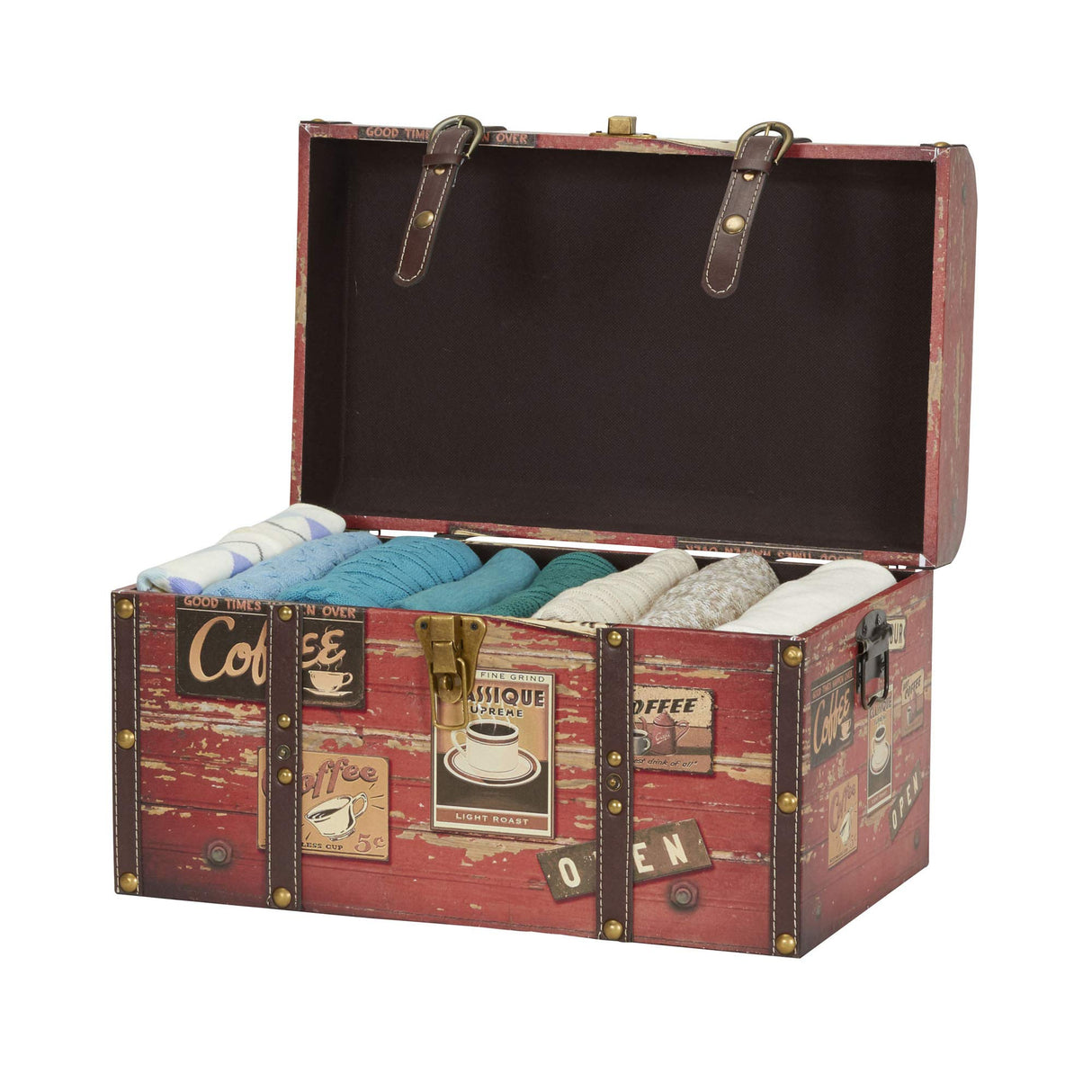 Household Essentials Medium Decorative Trunk, Coffee Shop Faux Decoupage, Antique Exterior, Leather and Metal Accents, Fabric Interior, Hinged Lid, Brown Household Essentials