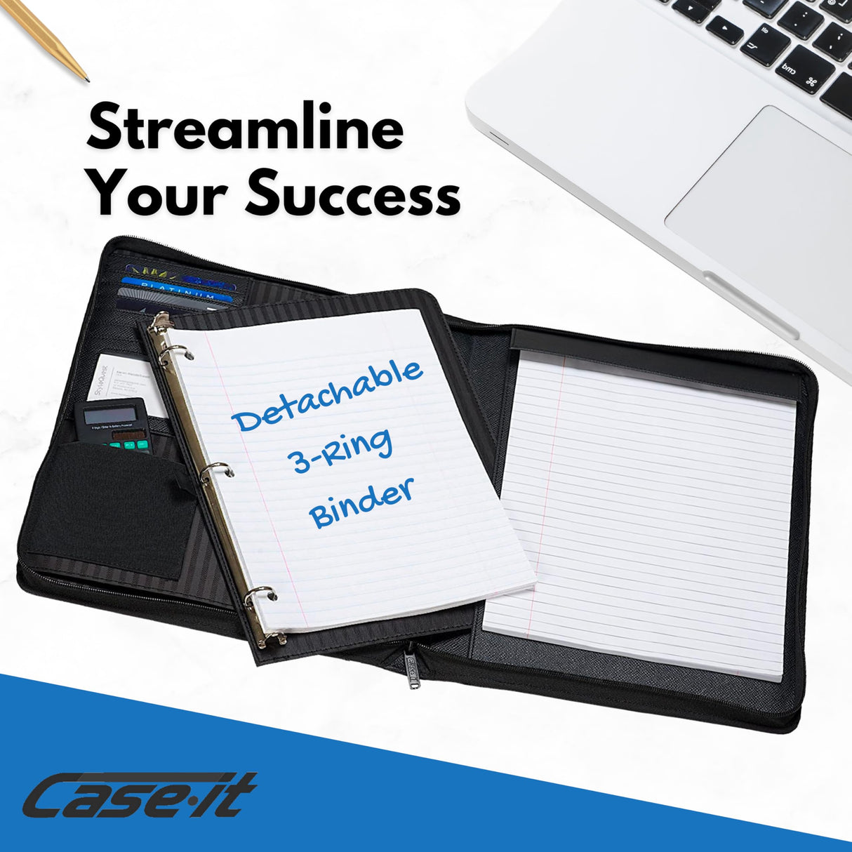 Case-it Executive Zipper Padfolio with Removable 3-Ring Binder and Letter Size Writing Pad, Pebbled Faux Leather Black (PAD-40) Case it