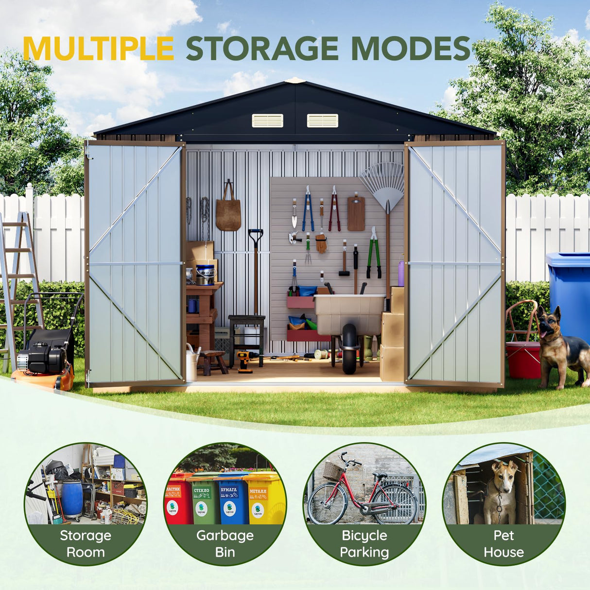Breezz Outdoor Storage Shed 10 x 12ft. Utility Tool Shed Metal Storage Garden Shed with Lockable Doors, Windows & Metal Frame Floor for Patio Storage,Brown BreezZ