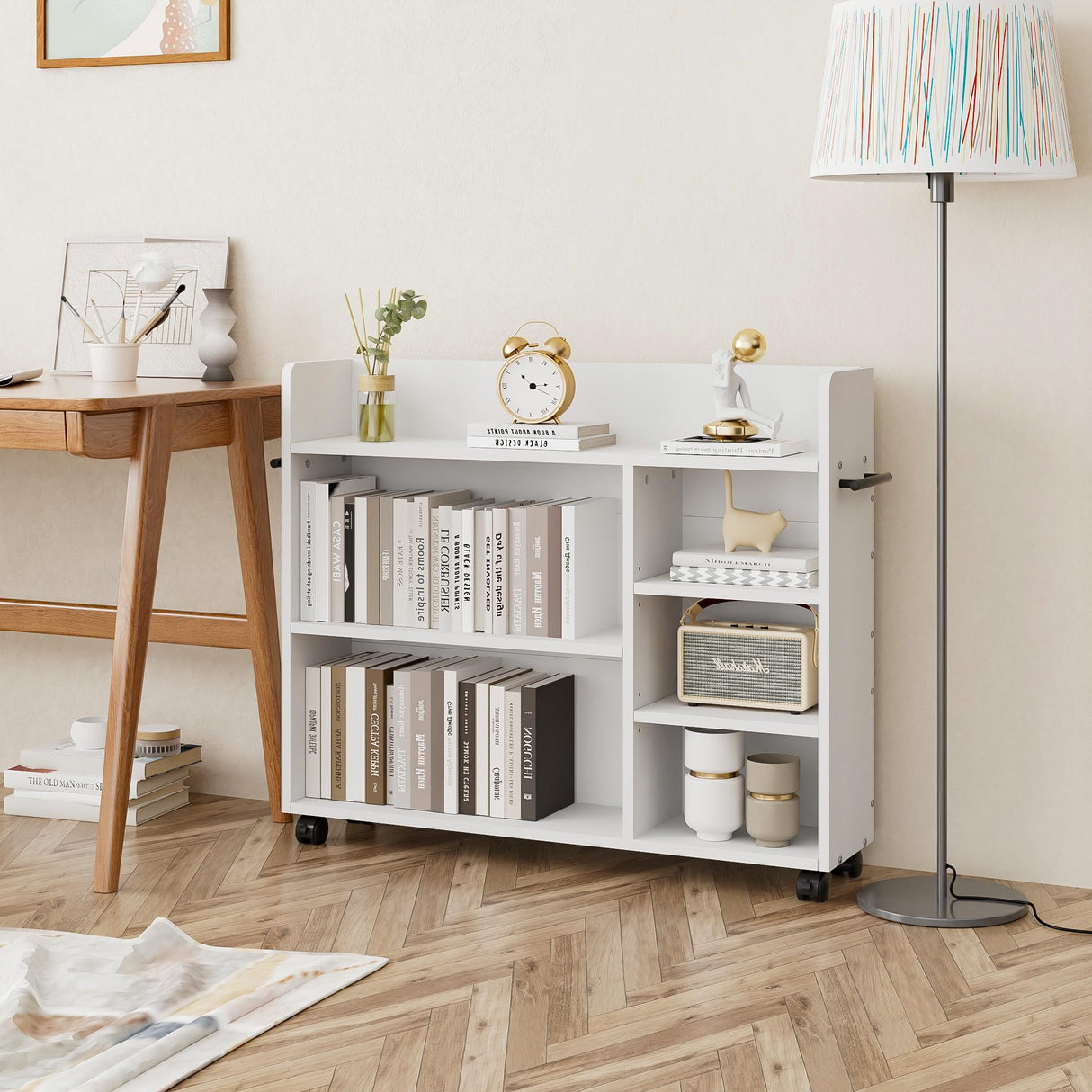 VECELO 3-Tier Bookshelf, Bookcase with Adjustable Storage Shelves, Wood with Lockable Wheels, 25.6 Inch High, for Home Office, White VECELO