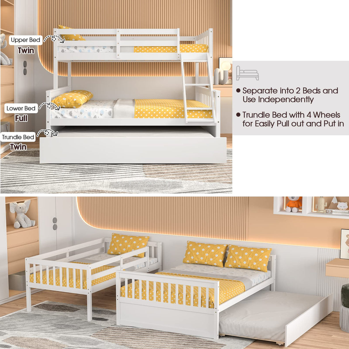 Giantex Twin Over Full Bunk Bed with Trundle, Convertible Platform Bed Frame with Ladder, Solid Wood Frame & Safety High Guardrails, Space-Saving Bunk Bed for Teens & Kids, No Box Spring Needed, White Giantex