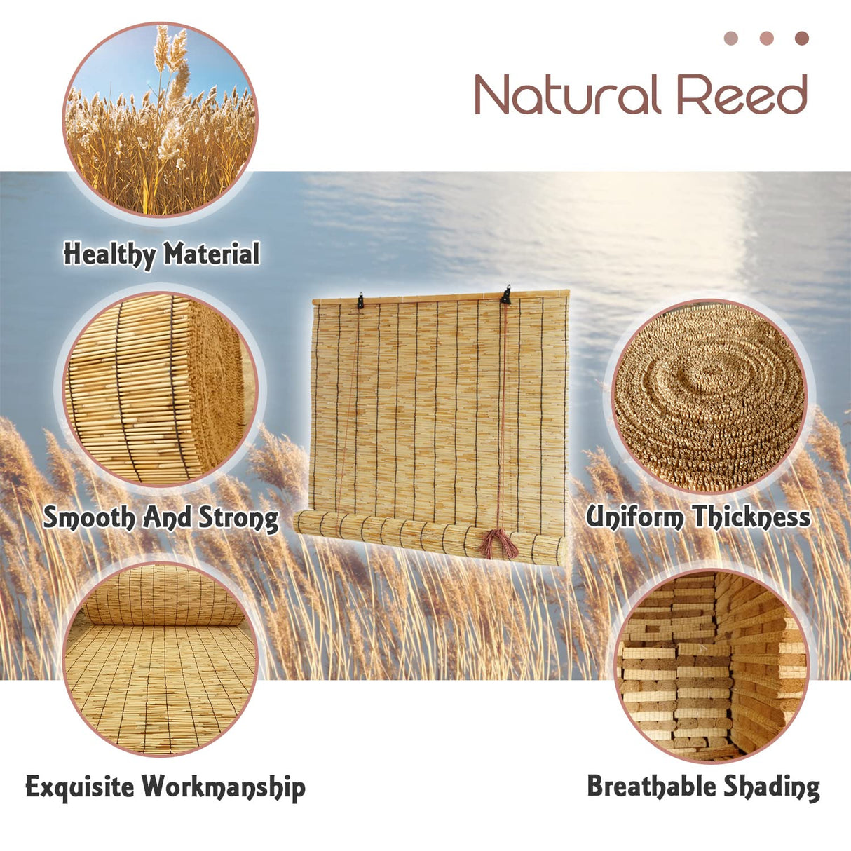 Lsjoaw Roll Up Reed Shade 34x48in (WxH)/86x121CM Outdoor Bamboo Shades Blinds Patio Blinds Roman Roller Blinds Curtain with Lifter Porch Window Privacy Brown Lsjoaw