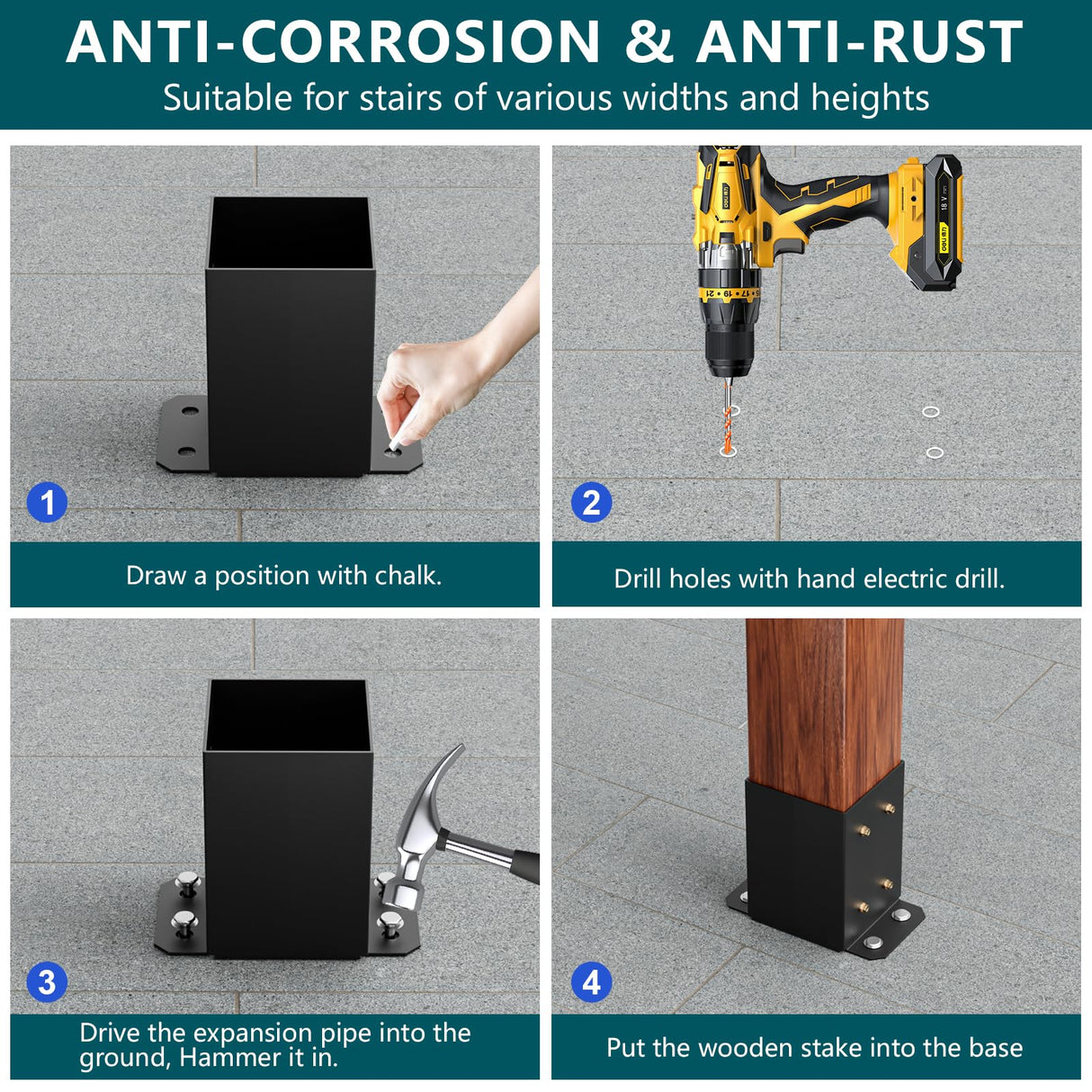 SPACEEUP 4x4 Post Base 2 Pcs, Inner Size 3.6"x3.6" Deck Post Base, Heavy Duty Powder-Coated Post Anchor Black Wood Post Brackets for Decking Porch Railing Support SPACEEUP