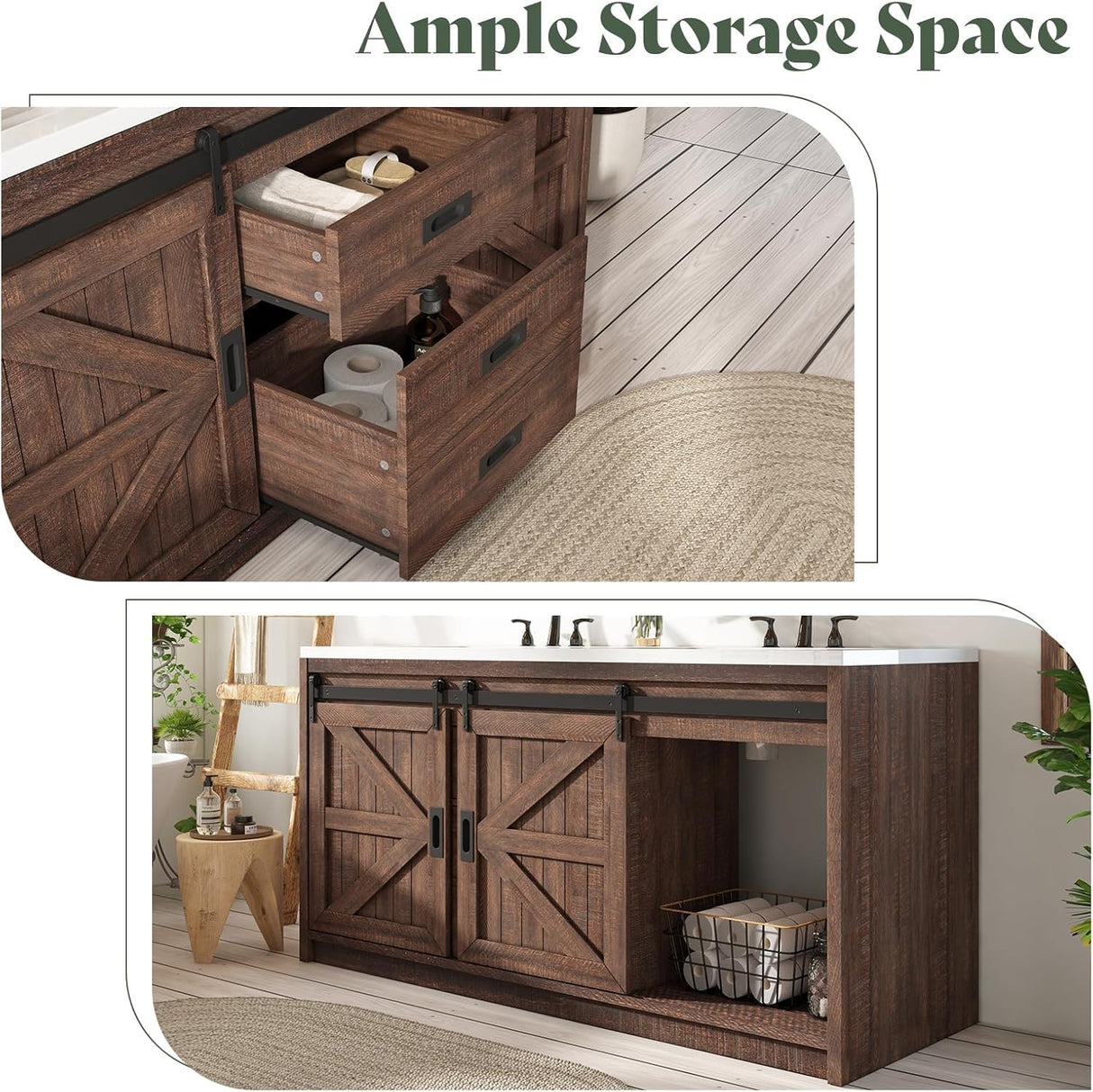 LUXOAK 60" Farmhouse Bathroom Double Vanity Sliding Barn Door with Sink Combo, Freestanding, Bathroom Vanity Cabinet with Drawers & Metal Handles, Reclaimed Barnwood LUXOAK