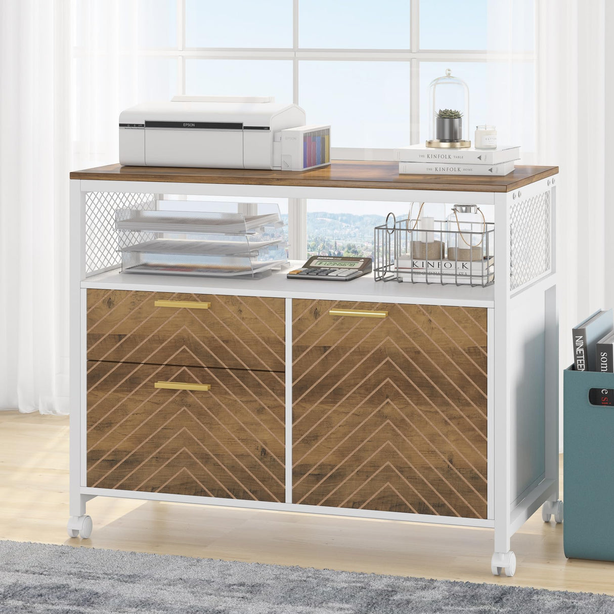 LITTLE TREE 63" L-Shaped Executive Desk & 32" Mobile Filing Cabinet Set in Walnut LITTLE TREE