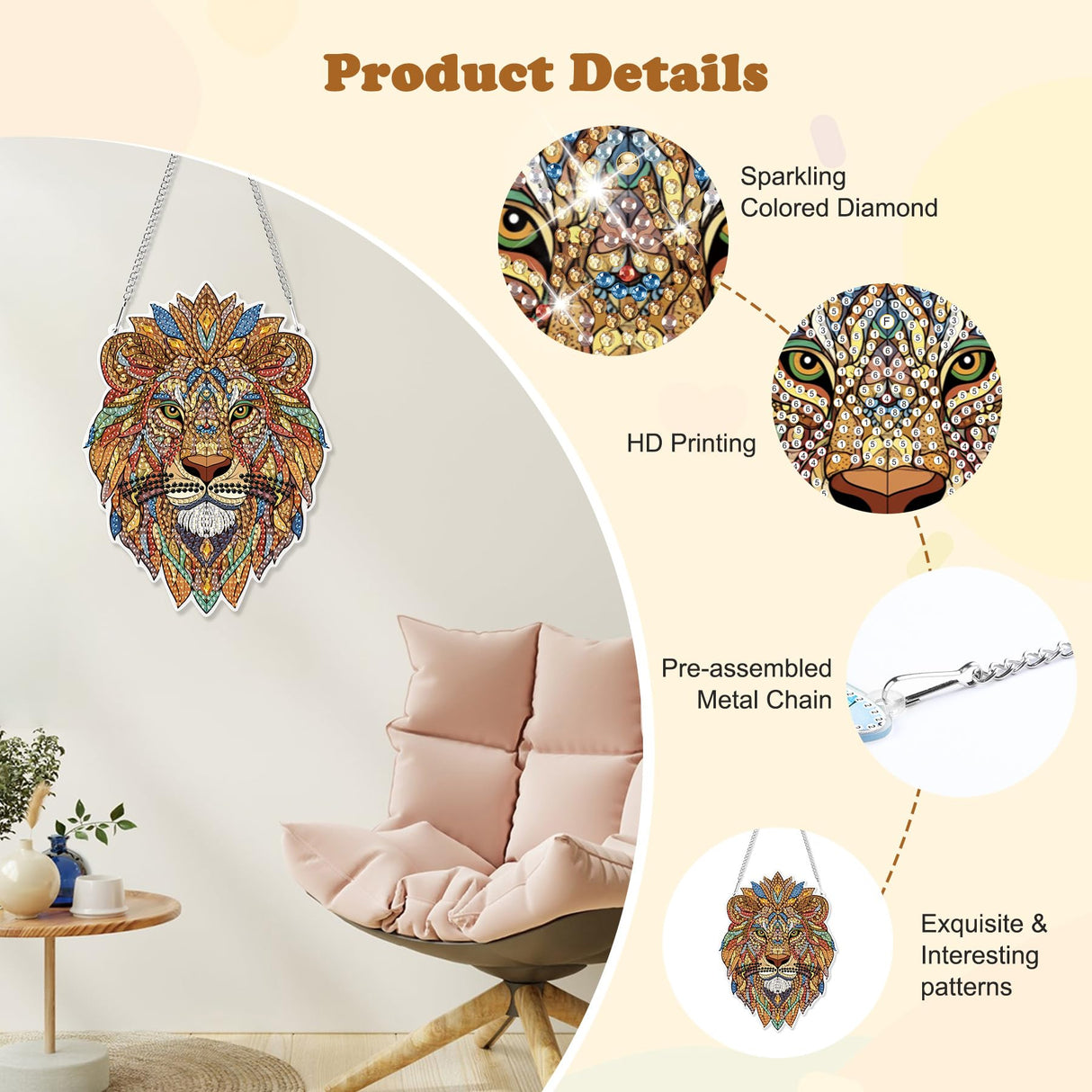 HEIBAGO Lion Hanging Diamond Art Kits for Adults, Special Shaped Crystal Diamond Painting Ornament Kit, DIY Double-Sided Pattern Window Pendant Gem Art Kit for Home Wall Decor 8.3x8.3inch HEIBAGO