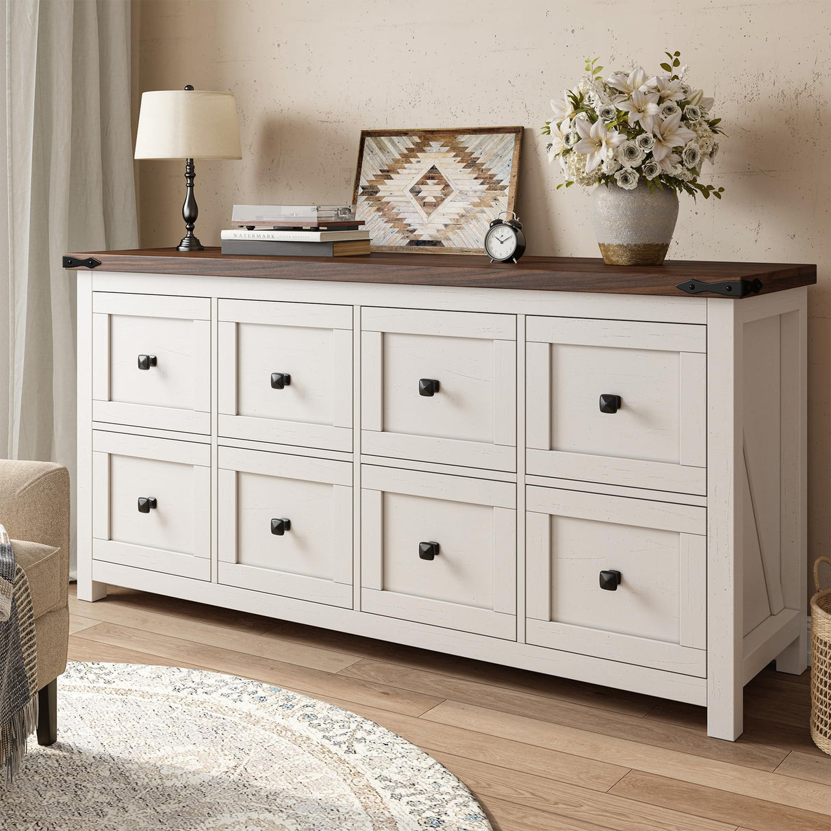 EnHomee Farmhouse 8 Drawer Dresser for Bedroom,Wood Dressers and Chests of Drawers with Texture TV Stand for Bedroom, Hallway, Closet,Antique White EnHomee