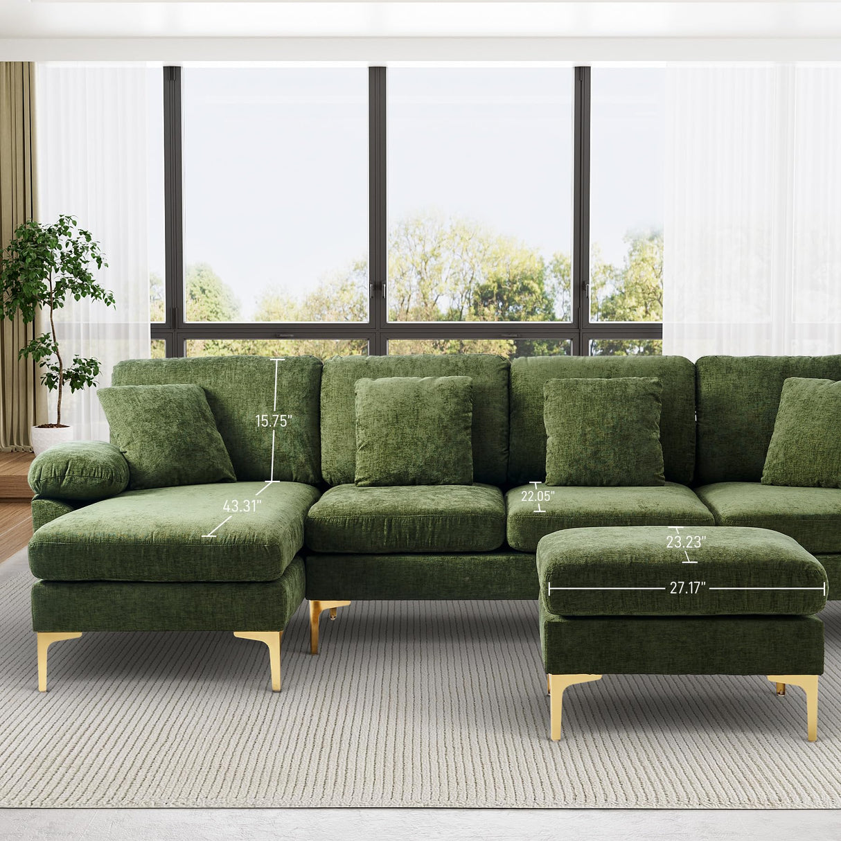 OUYESSIR U-Shaped Sectional Sofa Couch, 4 Seat Sofa Set for Living Room, Convertible L-Shaped Couch Set with Chaise Lounge, Ottoman and Pillows,114 inches (Olive Green) OUYESSIR