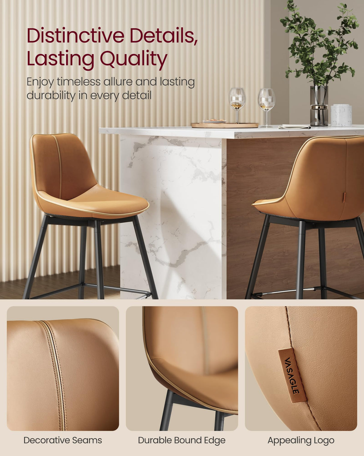 VASAGLE Bar Stools Set of 2, Bar Height Bar Stools with Back, Ergonomic Backrest, Synthetic Leather, Metal Legs, 28.7-Inch Tall Stools for Kitchen Island Home Bar, Caramel Brown ULBC888K01 VASAGLE