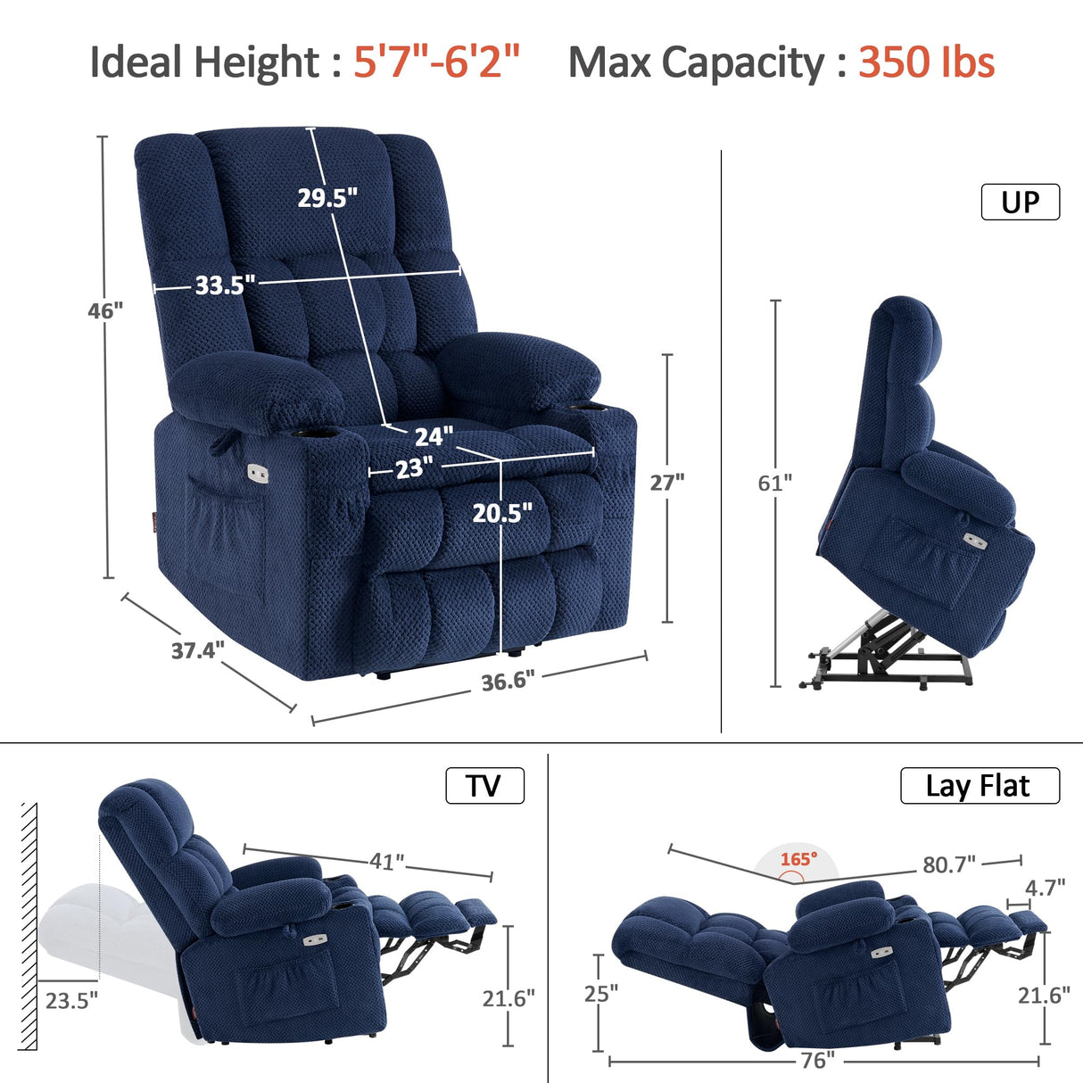 MCombo Dual Motor Large Power Lift Recliner Chair for Elderly, Lay Flat Lift Chair with Heat and Massage, Big Lift Recliner for Tall People, Cup Holders, Fabric 7896 (Large, Navy Blue) MCombo