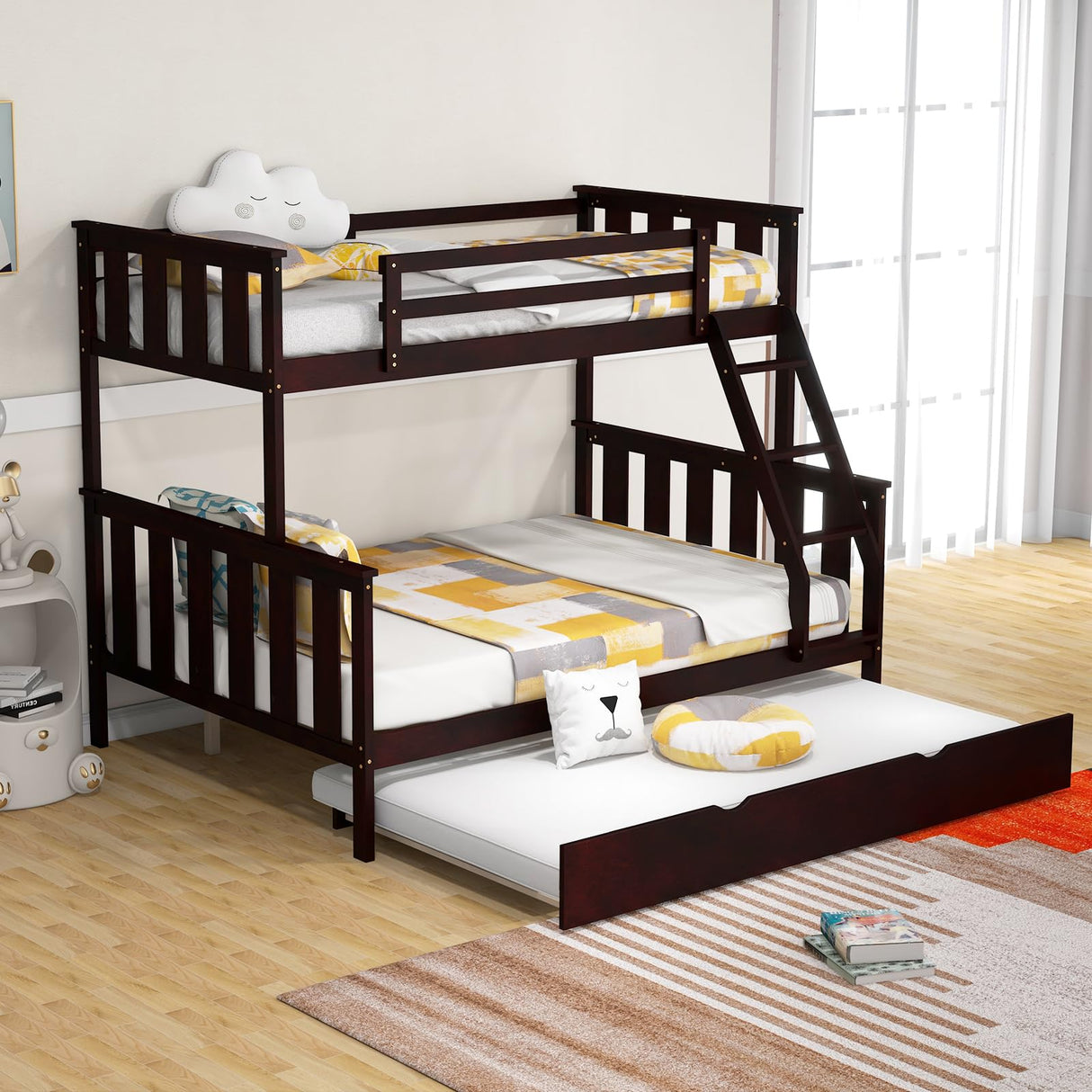 KOMFOTT Espresso Wood Twin Over Full Bunk Bed with Trundle, 250/400 lbs Capacity, Solid Pine Frame, Convertible to 2 Separate Beds, No Box Spring Needed KOMFOTT