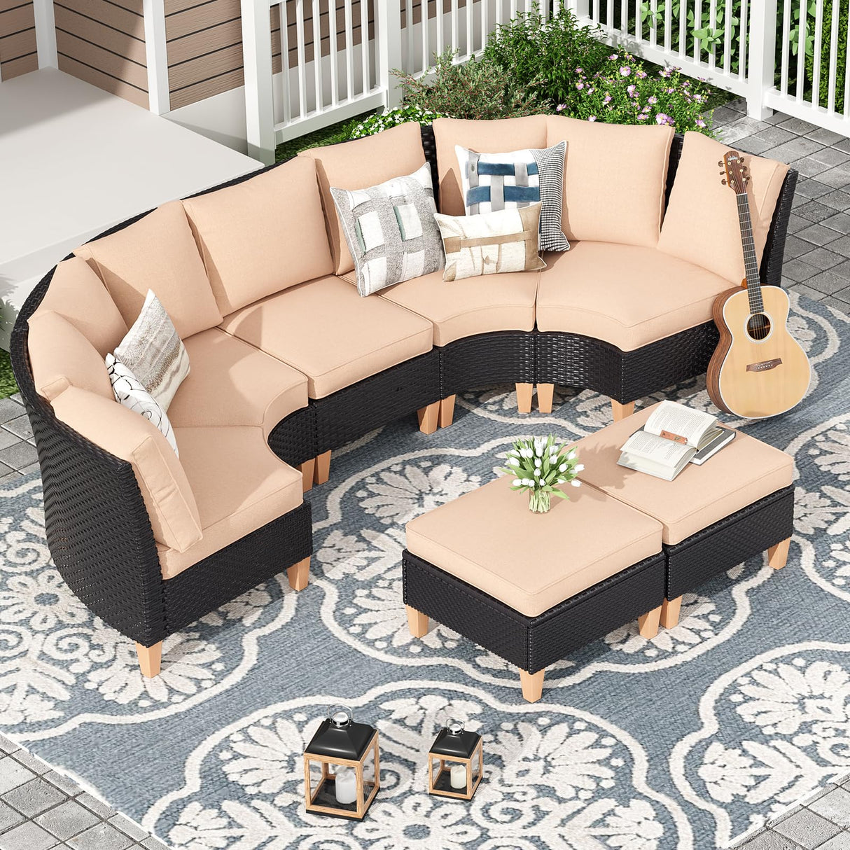 Soohow Half-Moon Patio Conversation Set, 7 Piece Outdoor Sectional Furniture Set with Cushions, Wicker Patio Conversation Set Outdoor Sectional Sofa, All-Weather for Garden, Backyard and Poolside Soohow
