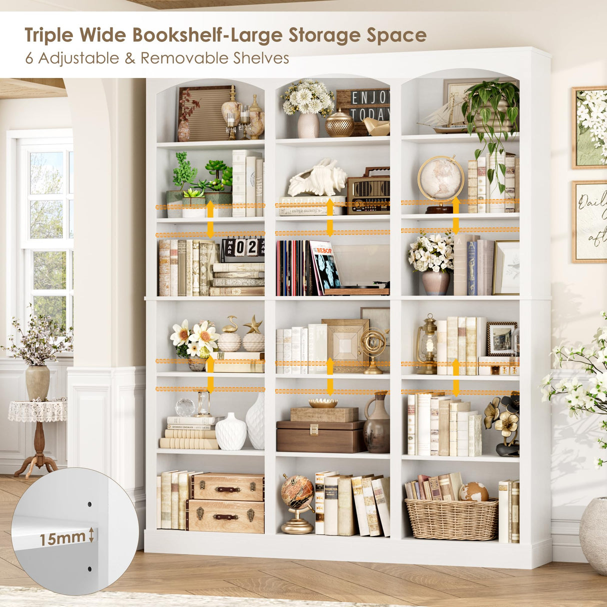 FACBOTALL 71" Triple Wide Bookshelf, 6 Tier Bookcase, Large White Bookshelf with Curved Baffle, 63.4" Wide Tall Bookcase with 18 Open Display Shelves for Living Room, Study, White FACBOTALL