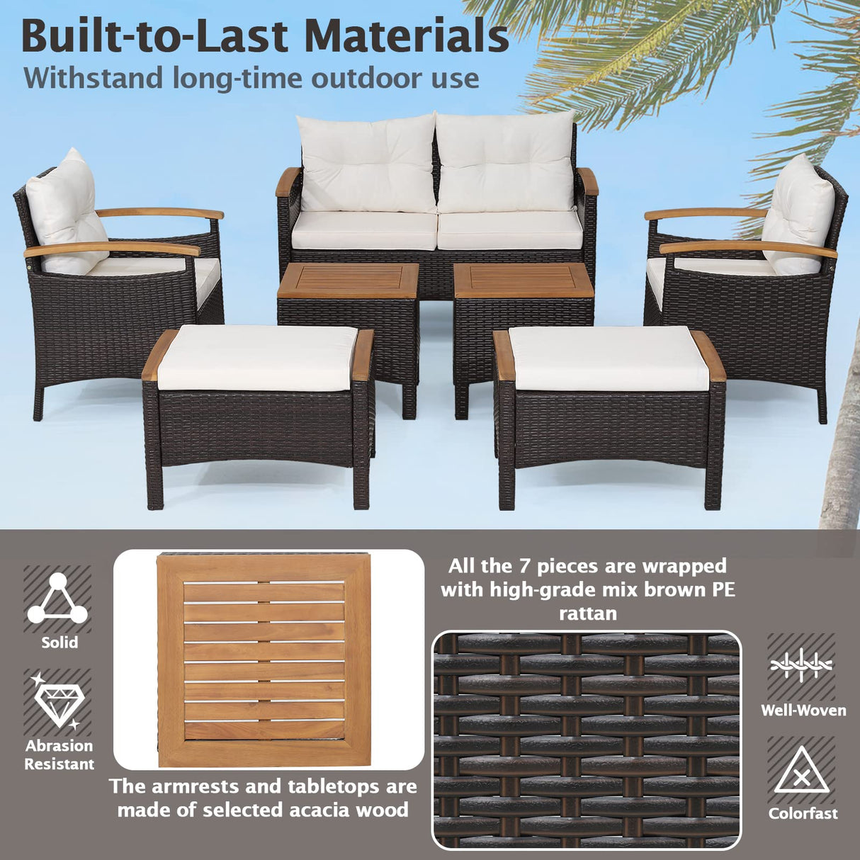 Tangkula 7 Pieces Patio Rattan Sofa Set, Outdoor Wicker Conversation Set w/Seat & Back Cushions, 2 Ottomans & 2 Coffee Tables, Acacia Wood Tabletop & Armrests, Wicker Sofa Set for Backyard, Poolside Tangkula