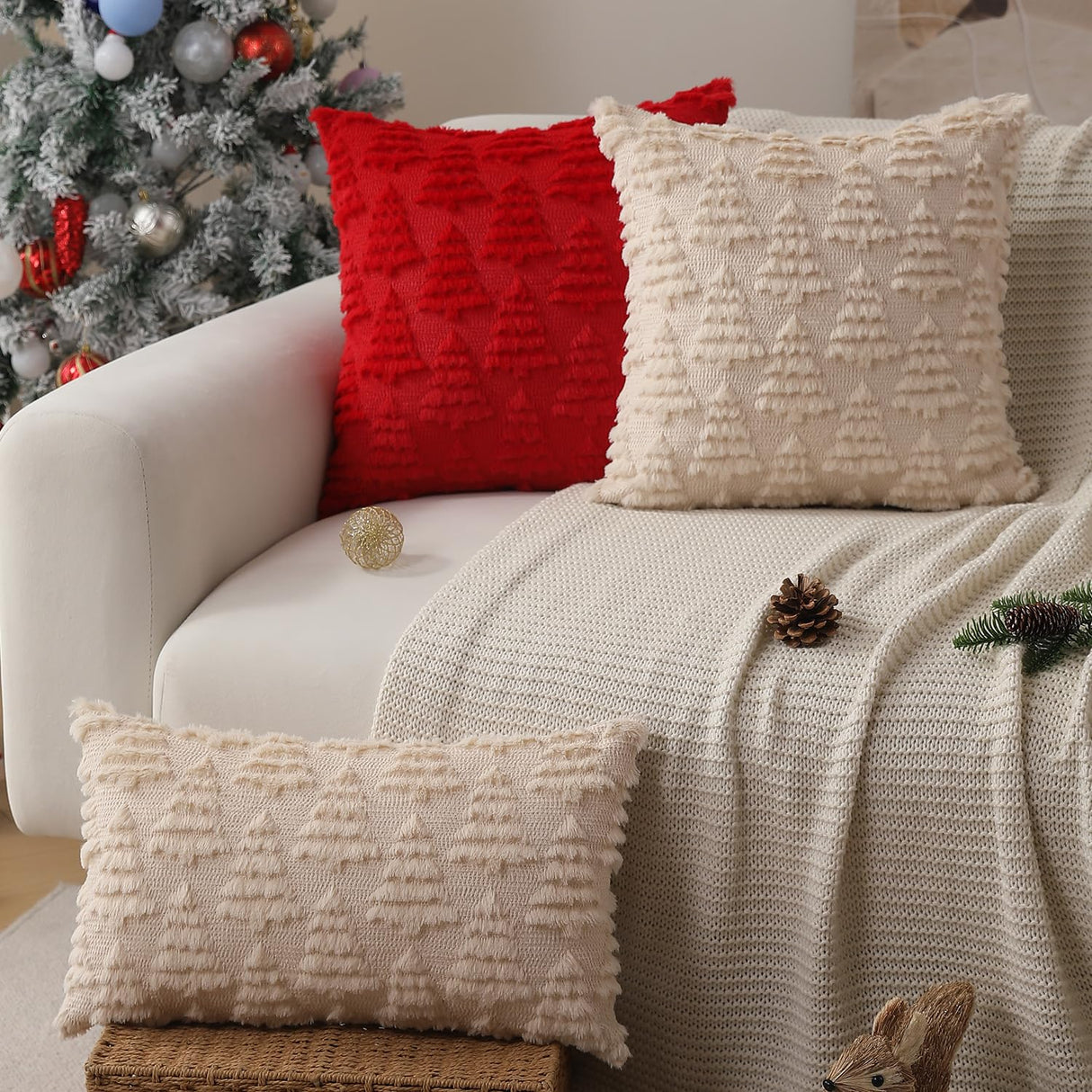 Allorry Christmas Pillow Covers 18 x 18 Set of 2 Xmas Decorations Beige Christmas Tree Pillow Cases Plush Faux Fur Soft Cushion Case for Winter Xmas Holiday Home Bedroom Sofa Decors SY-003-C18 Allorry