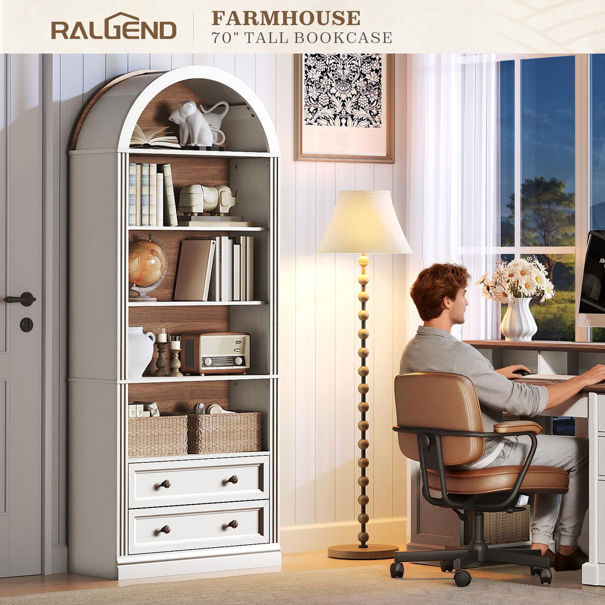 RALGEND Farmhouse Arched Bookshelf, 7 Tiers Arch Bookcase with 2 Spacious Drawers, Modern Book Shelf with Open Display Shelves and Storage Cabinet, for Office, Living Room, Kitchen, Walnut and White RALGEND