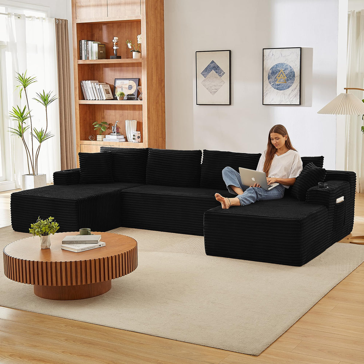 GNIXUU 133.5" Black Corduroy Boneless Sectional Couches for Living Room, Oversized Memory Foam U Shaped Cloud Modular Sectional Sofa with Deep Seat, Cup Holders & Storage Pocket, No Assembly Required GNIXUU