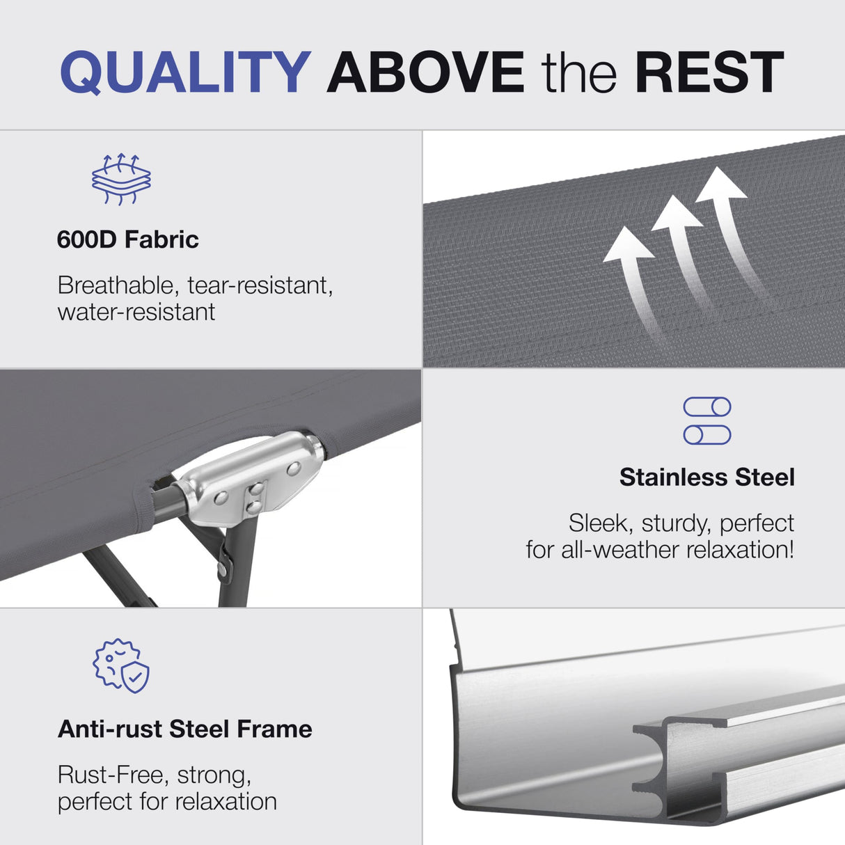 Folding Outdoor Lounge Chair with Canopy - Portable & Adjustable Beach Lounge Chair - 5-Positions, Carry Handles, 600D Fabric, 265 lbs Capacity – Tanning Chaise Lounge for Beach, Patio, Lawn ComfySure