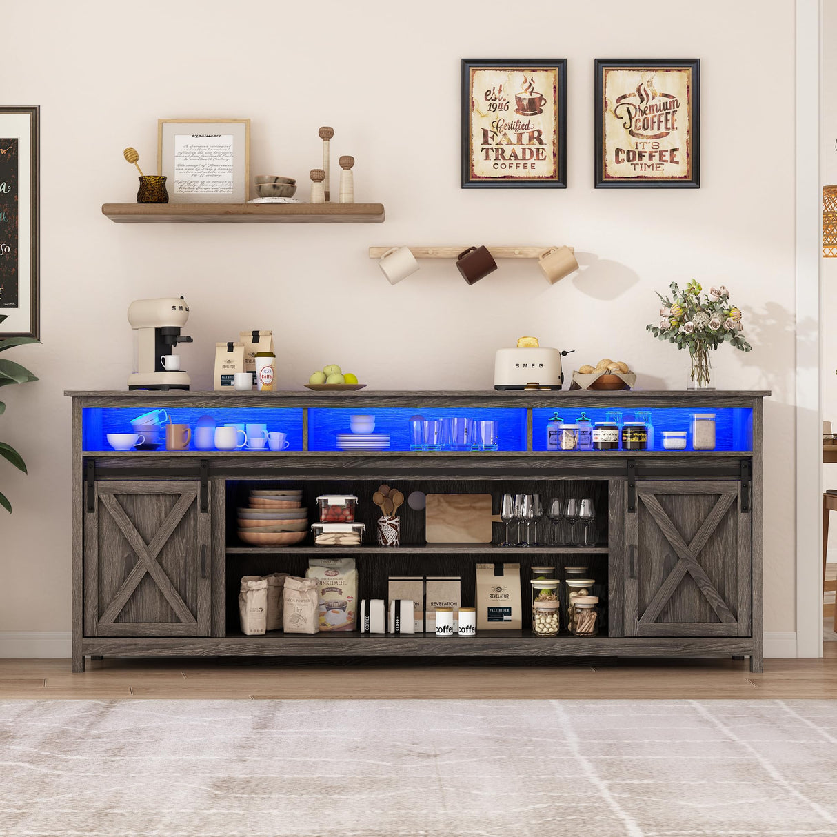 80" LED Farmhouse TV Stand for 90/85/80 Inch TVs,Tall Entertainment Center Storage Cabinets w/Power Outlets and Sliding Barn Door,Rustic TV Stands for Living Room,Media Console Cabinet (Charcoal) Hlivelood
