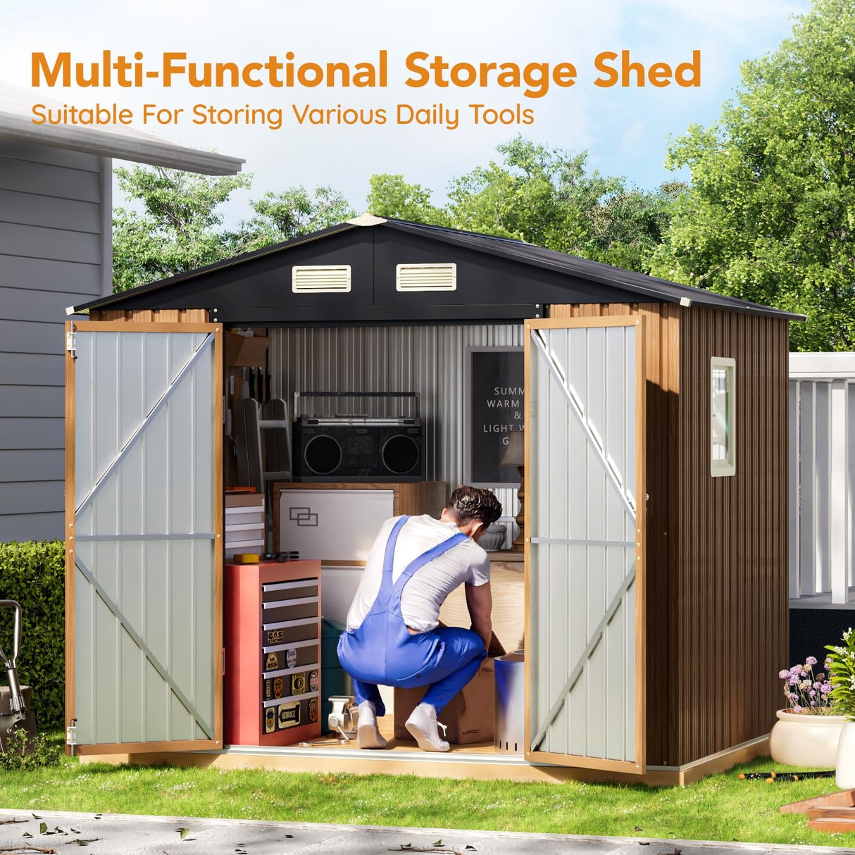 Panovue 8X6 FT Garden Storage Shed with Lockable Door,Steel Tool Shed with 1 Clear Window, Anti-Corrosion Metal Shed for Backyard Patio Lawn (Wood Panels & Frame Floor Not Included)(Light Wood Grain) Panovue