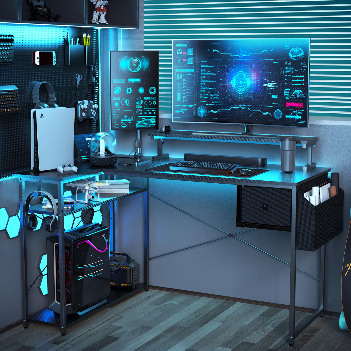 DOMICON Gaming Desk, 47 inch L Shaped Gaming Desk, Computer Desk with LED Lights & Adjustable Stand, Power Outlets, Storage Drawer, Reversible Gaming Desk with Shelves, Hook, Black Carbon Fiber DOMICON