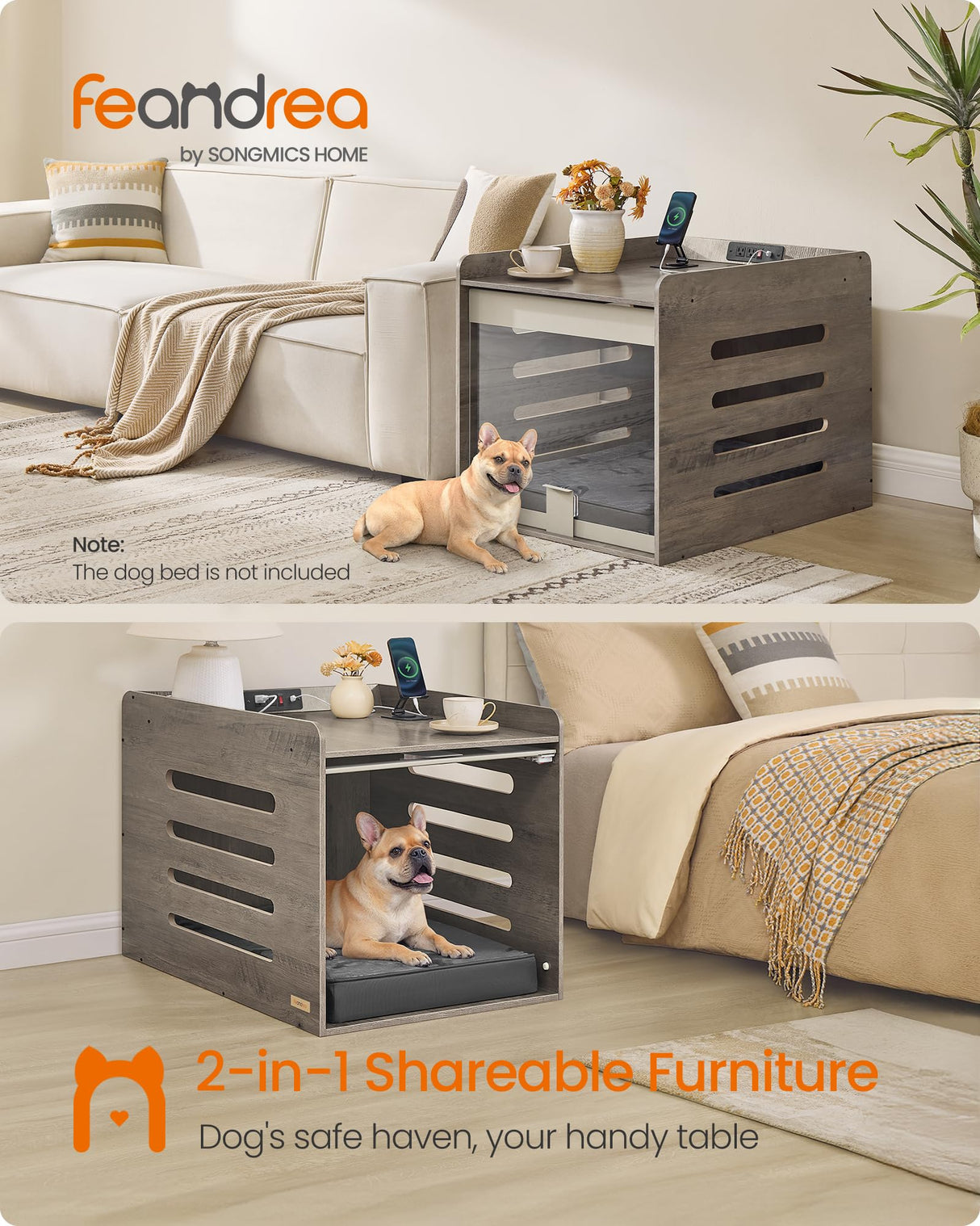 Feandrea Modern Dog Crate Furniture with Charging Station, Kennel Indoor with Flip-up Hidden Acrylic Door, for Small and Medium Dogs up to 45 lb, Side End Table, Heather Greige UPOC021G01 Feandrea