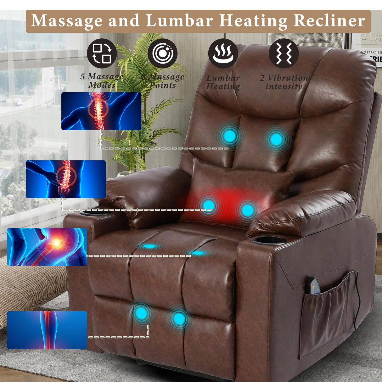 OQQOEE Power Lift Recliner Chair, Electric Recliners Chair for Elderly, PU Leather Massage Chair with Heat, Ergonomic Single Lounge Sofa Home w/Cup Holder, Theater Seating with 2 Pockets/USB OQQOEE