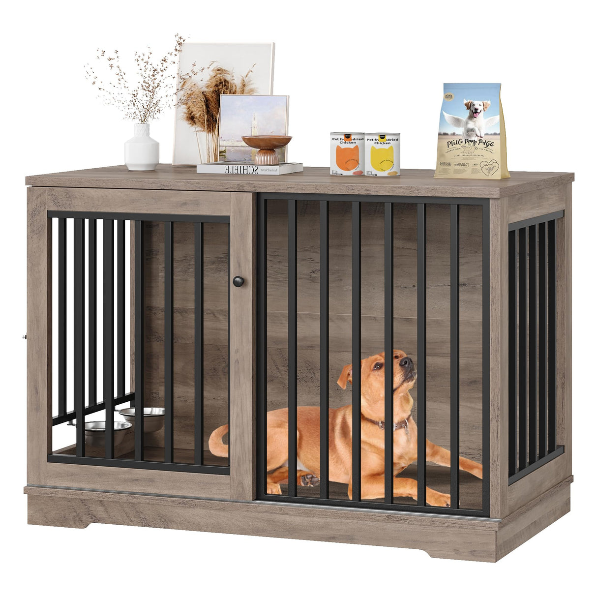 Dog Crate Furniture 47” Large Dog Kennel for Dogs Indoor, Heavy Duty Dog Cage with Sliding Door and 2 SUS Bowls Wooden End Table in Living Room for Small Medium Large Dogs, Rustic TTVIEW